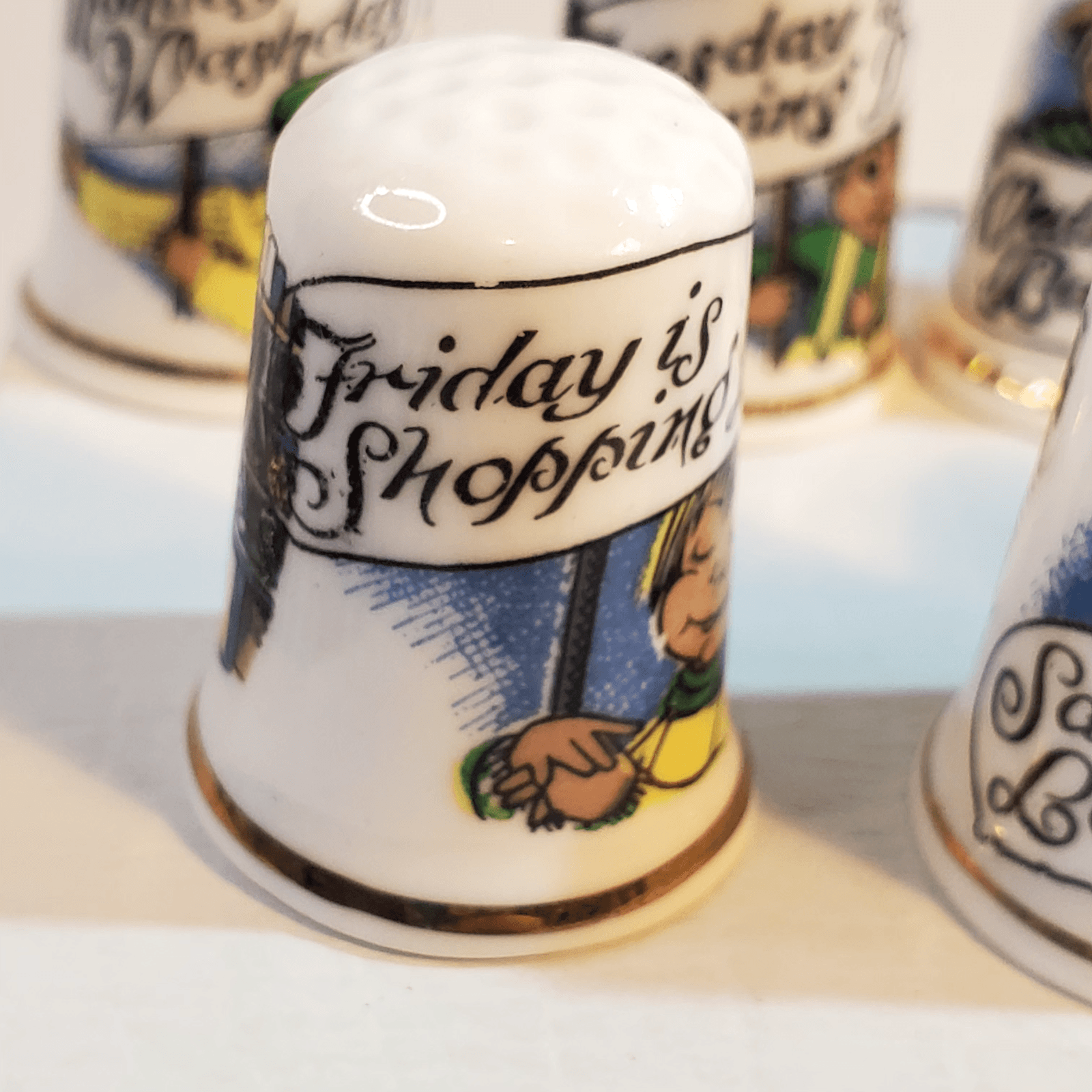 Vintage Birchcroft 7 Days of the Week Thimble Set Fine Bone China United Kingdom - Thumbnail 2