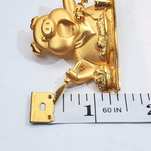 Vintage JJ Jonette Gold Tone Matte and Shiny Metal Pig Hog Eating Brooch Pin - Thumbnail 5