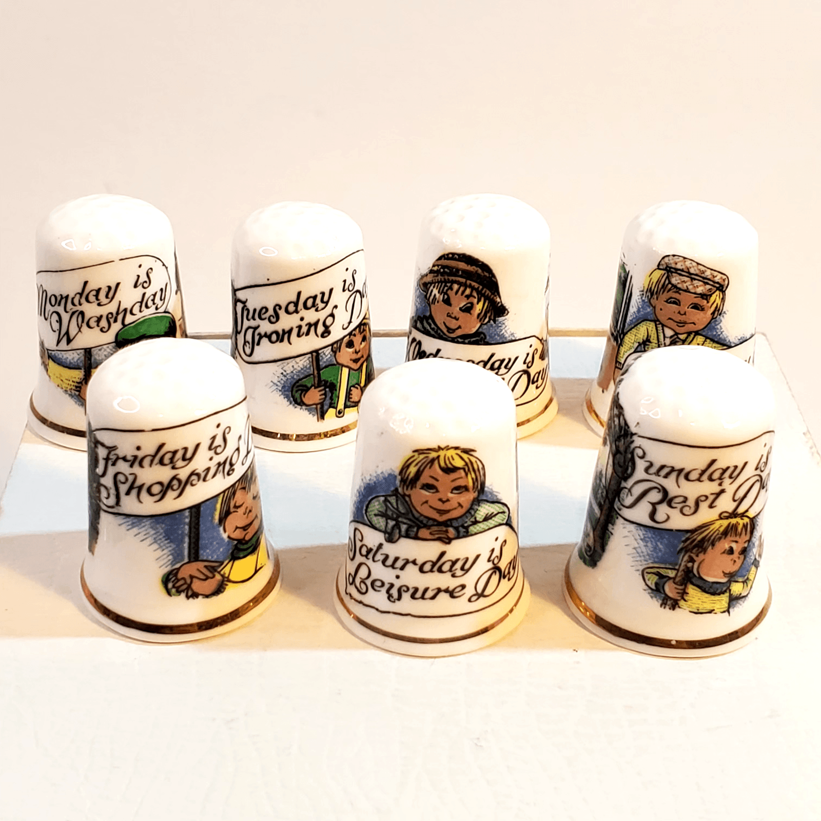Vintage Birchcroft 7 Days of the Week Thimble Set Fine Bone China United Kingdom