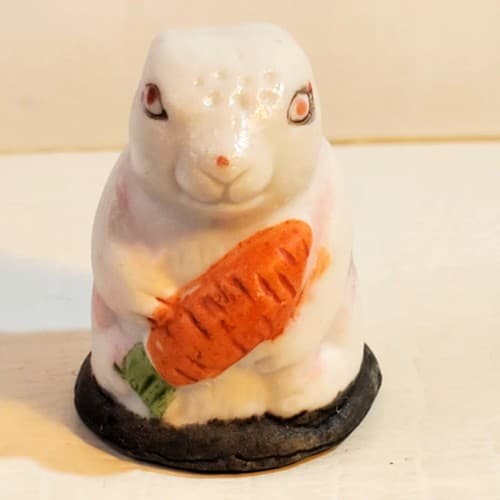 Vintage Ceramic Porcelain Bunny Rabbit Holding Carrot Easter Collectible Thimble