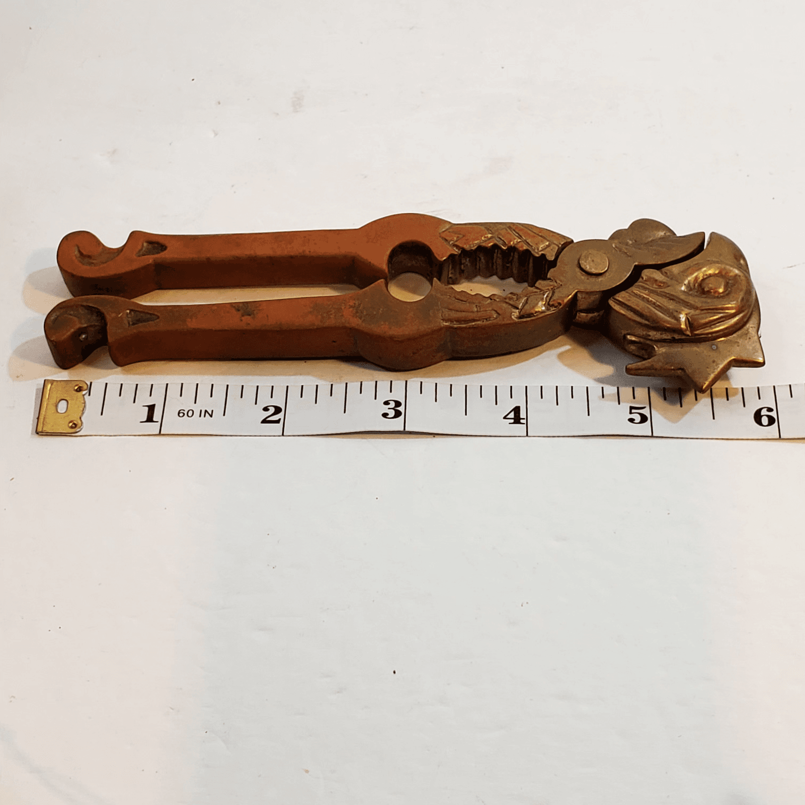 Vintage Brass Hinged 6" Nut Cracker w/ Bird Eagle Chicken Head Patina - Thumbnail 7