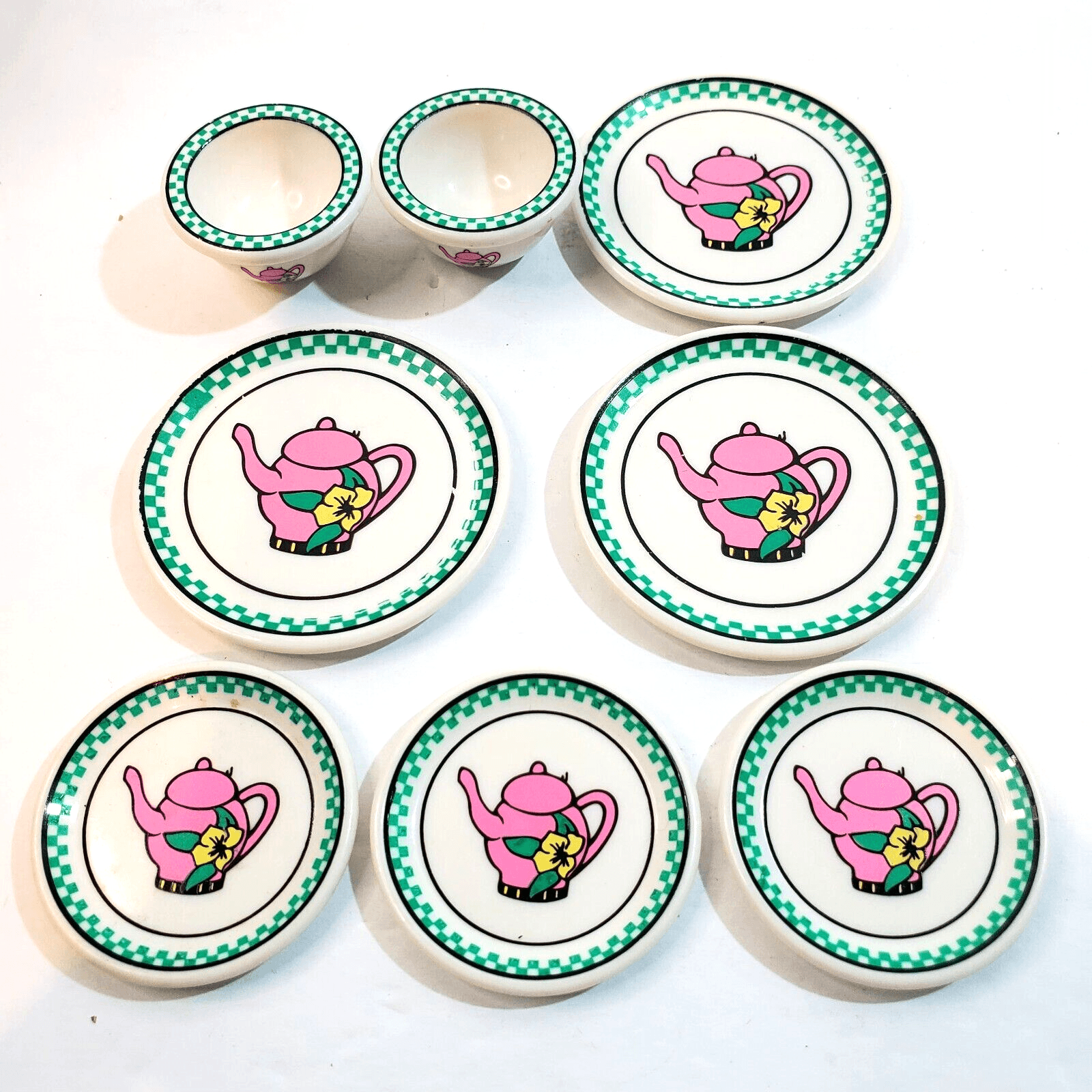 Vintage 1996 OSFT Miniature Doll Dishes Plates Bowls Pink Teapot Design Lot of 8