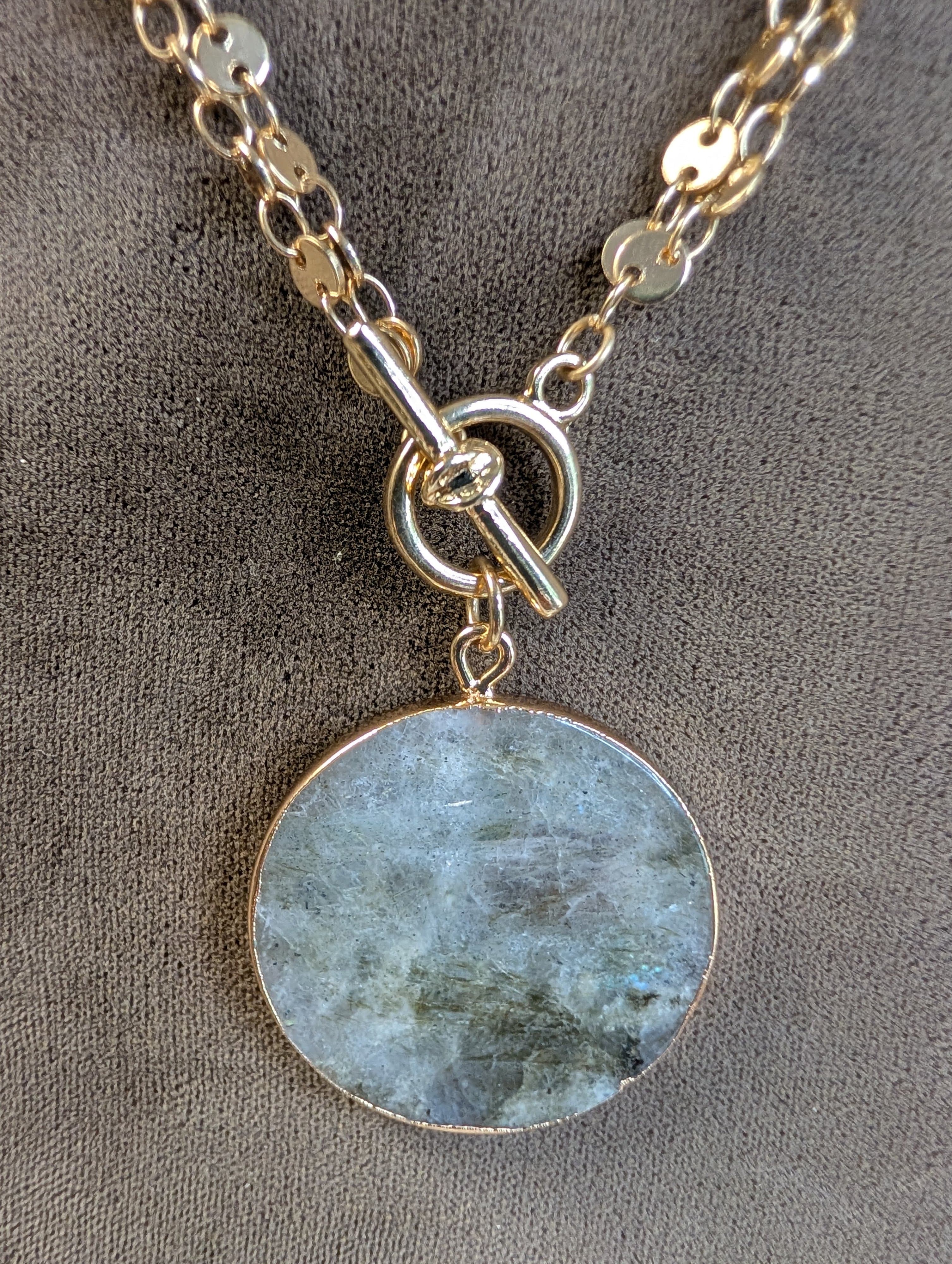 Gold Tone Toggle Necklace With Labradorite Pendant Necklace Adjustable length - Thumbnail 2