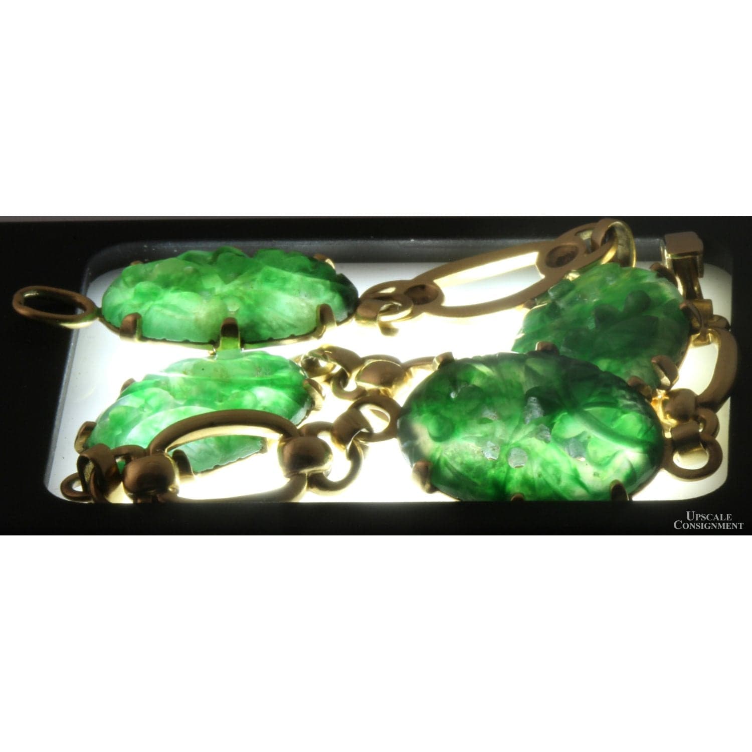Carved Green Jadeite Jade 14K Gold Link Bracelet | Mid-Century - Size 7.25 - Thumbnail 3