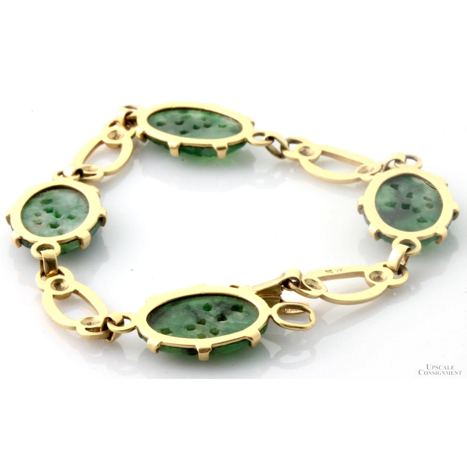 Carved Green Jadeite Jade 14K Gold Link Bracelet | Mid-Century - Size 7.25 - Thumbnail 4