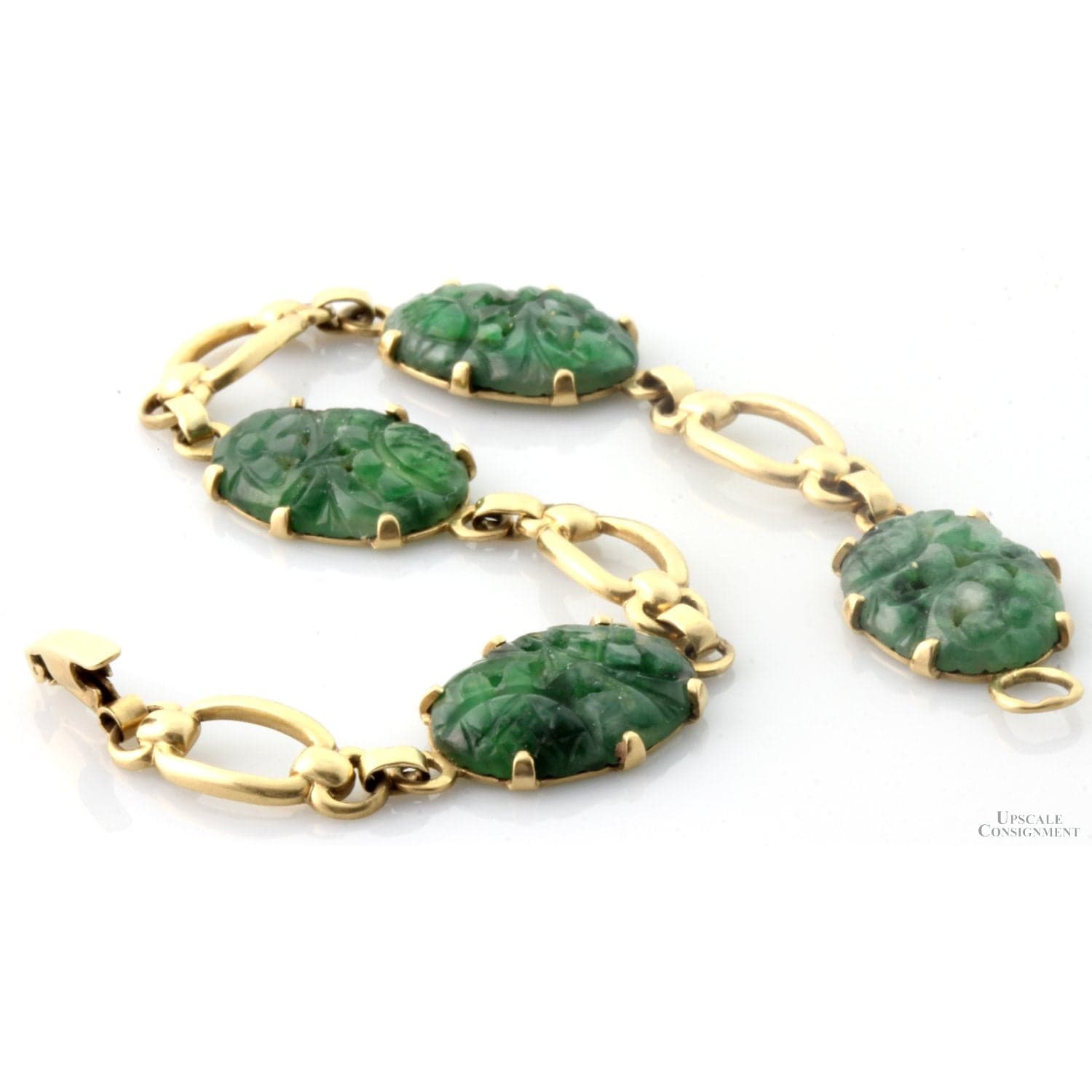 Carved Green Jadeite Jade 14K Gold Link Bracelet | Mid-Century - Size 7.25 - Thumbnail 2