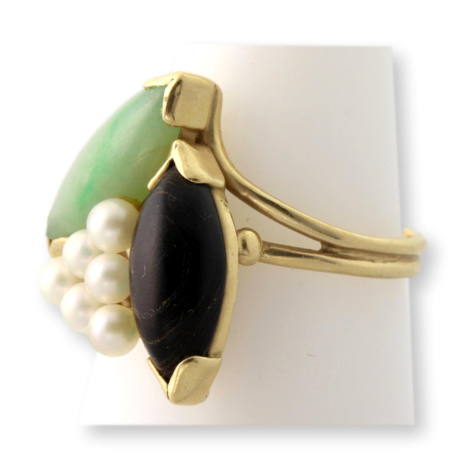 14K Jadeite, Black Coral & Pearl Ring | Hawaiiian Estate Jewelry - Size 6.5 - Thumbnail 2