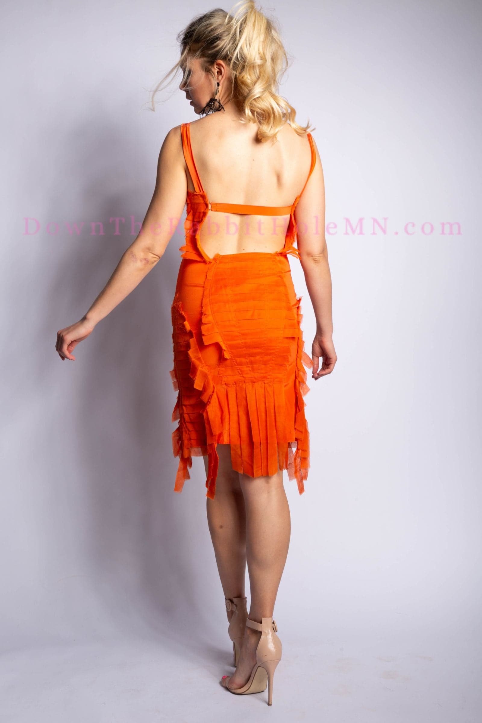 Gucci by Tom Ford S/S 2004 Runway Bright Orange Raw Silk Ribbon Midi Dress Size IT42 - Thumbnail 3