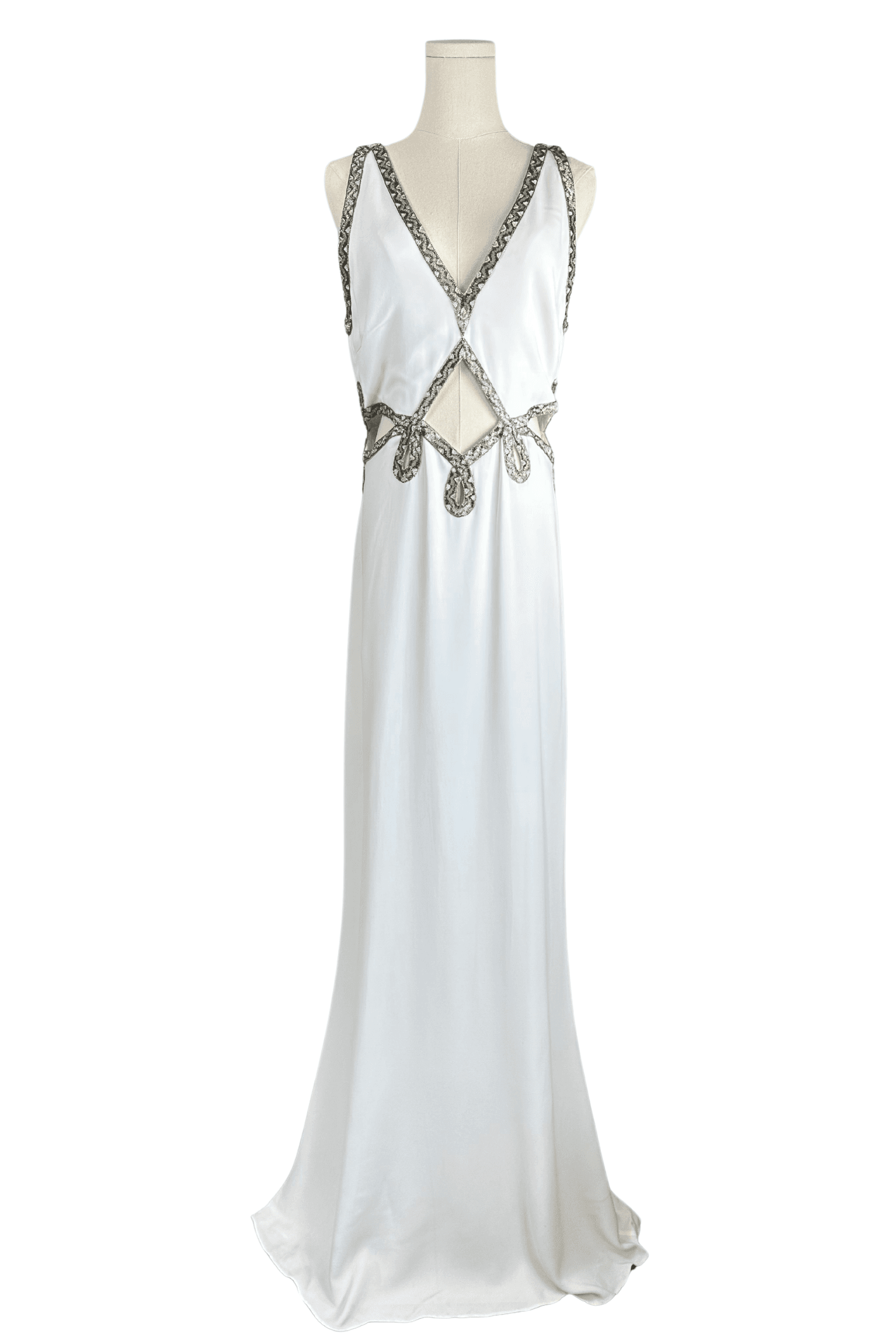 Roberto Cavalli White Cady Gown with Cutouts and Beaded Snake Skin Pattern Embellishment Size IT46 - Thumbnail 5