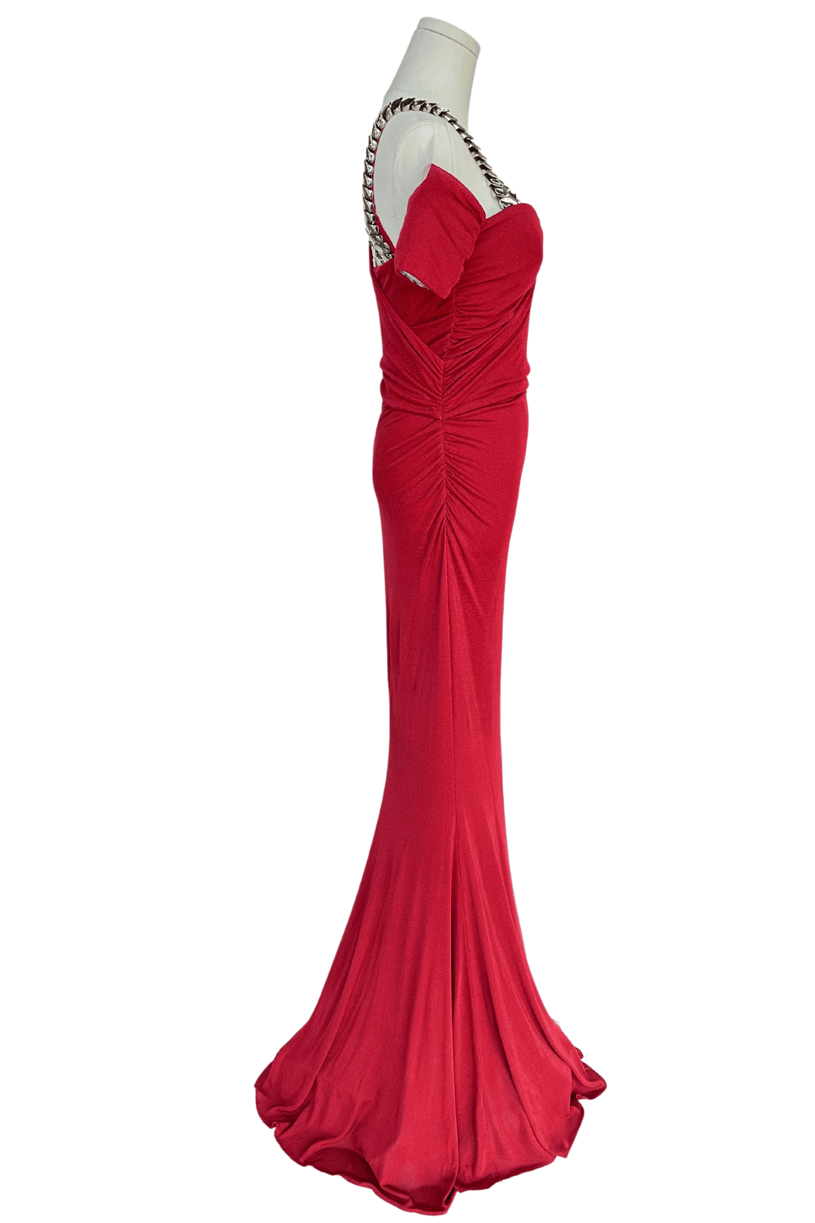 Roberto Cavalli Deep Red Gown with Silver Strap Detail - Thumbnail 4