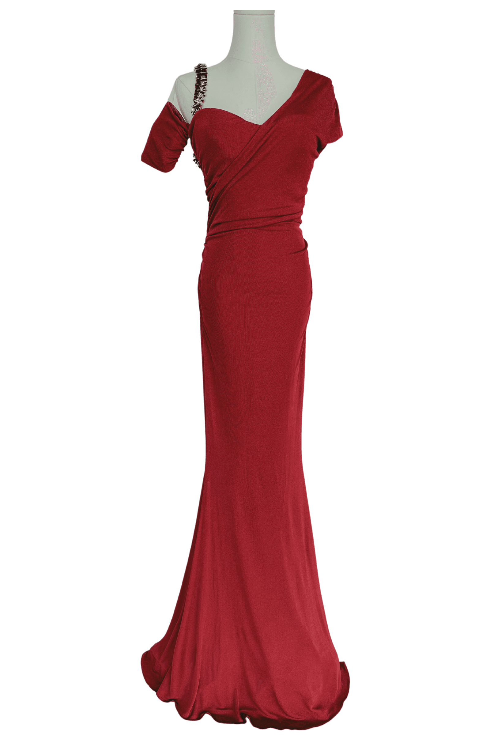 Roberto Cavalli Deep Red Gown with Silver Strap Detail - Thumbnail 5