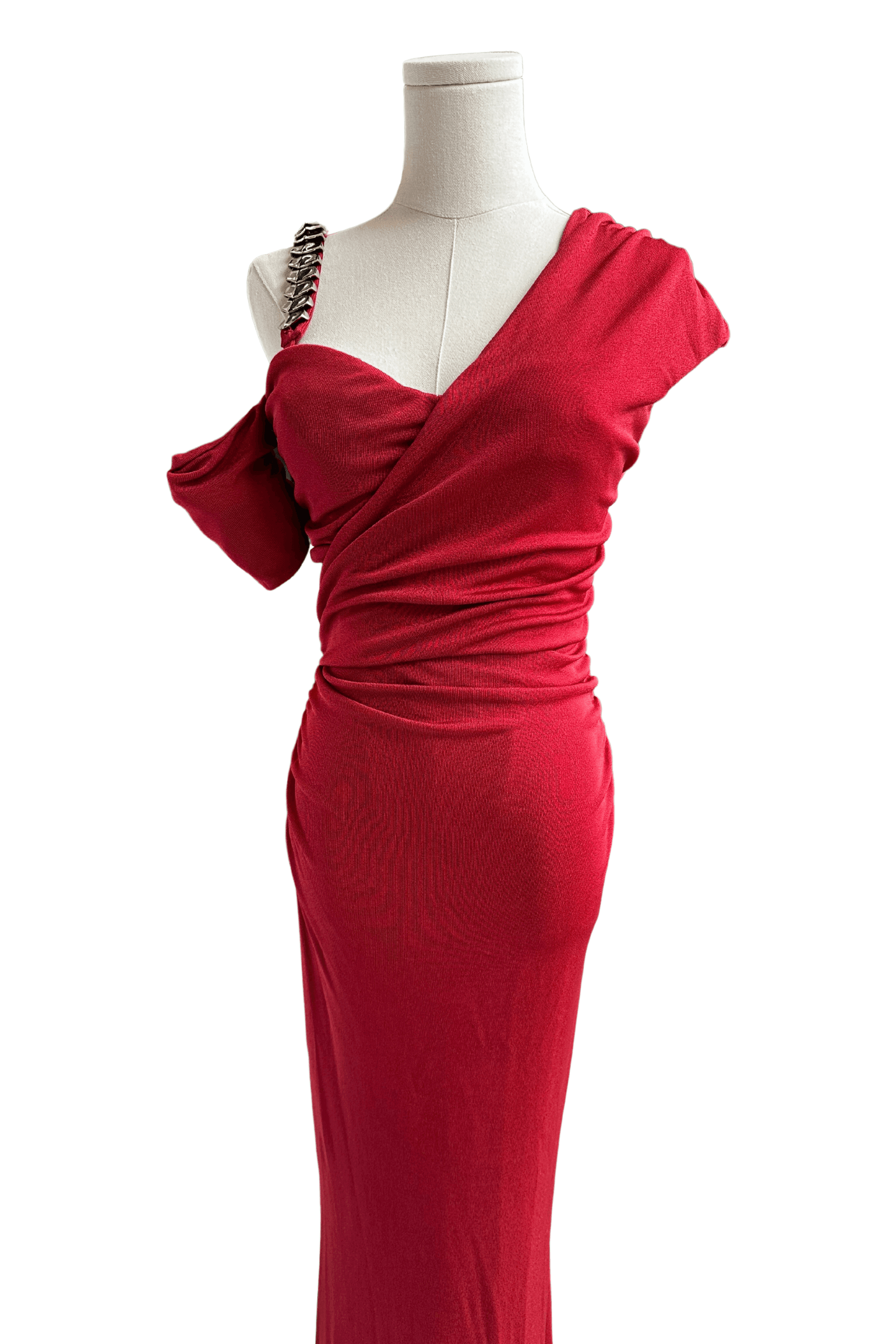 Roberto Cavalli Deep Red Gown with Silver Strap Detail - Thumbnail 6