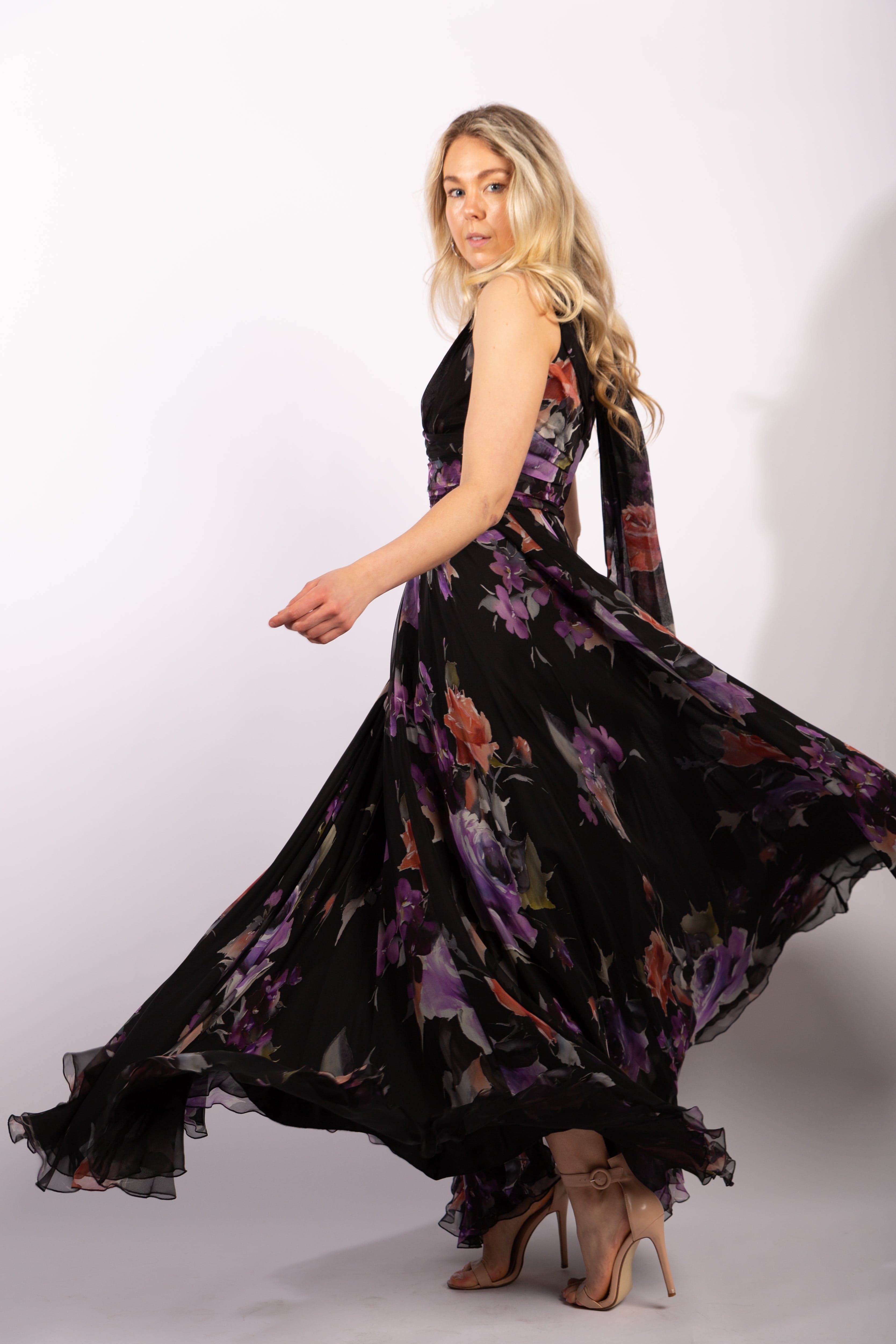 Dolce and Gabbana Chiffon Floral Gown with Scarf, Size IT40 - Thumbnail 2