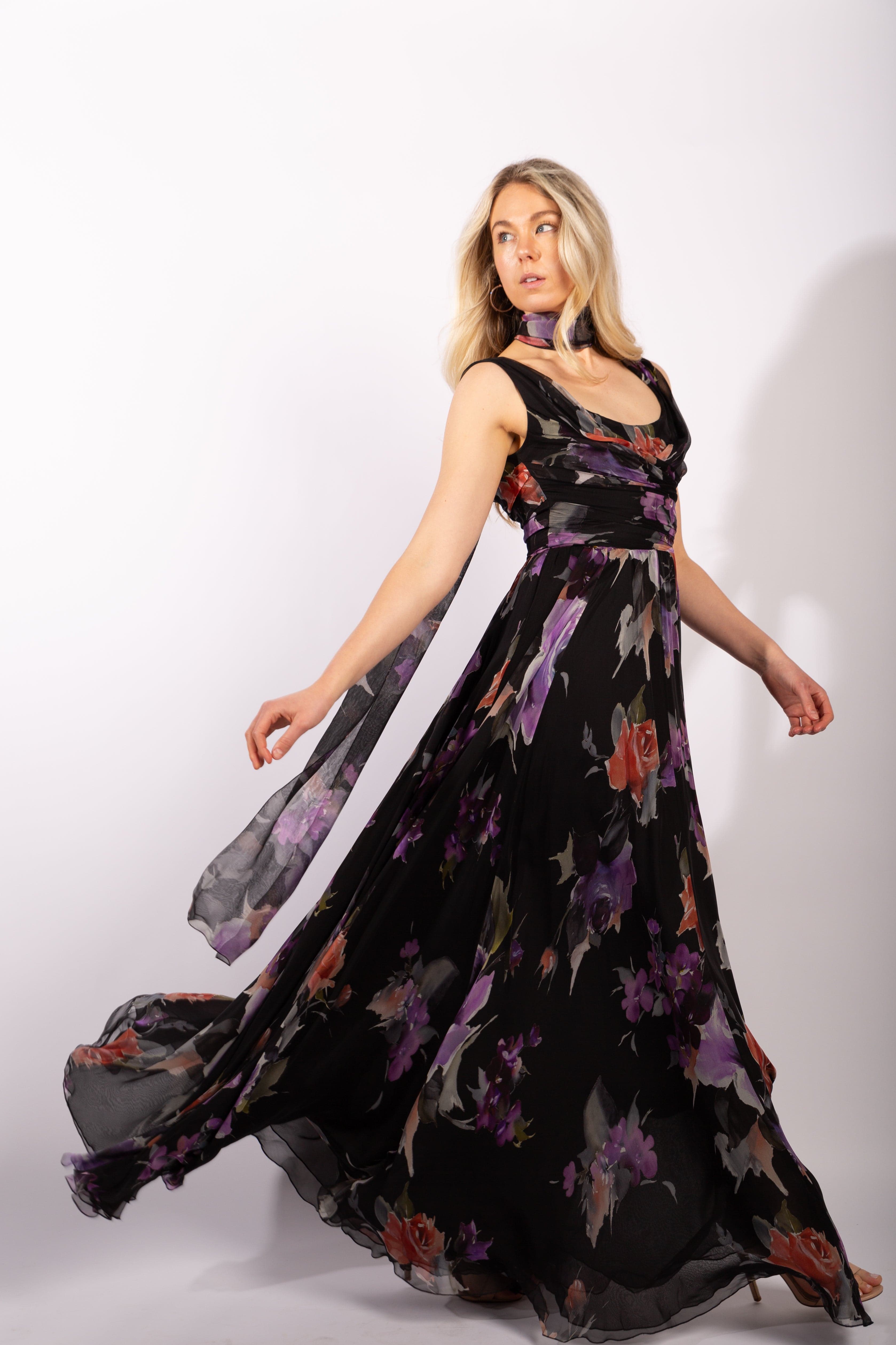 Dolce and Gabbana Chiffon Floral Gown with Scarf, Size IT40 - Thumbnail 3