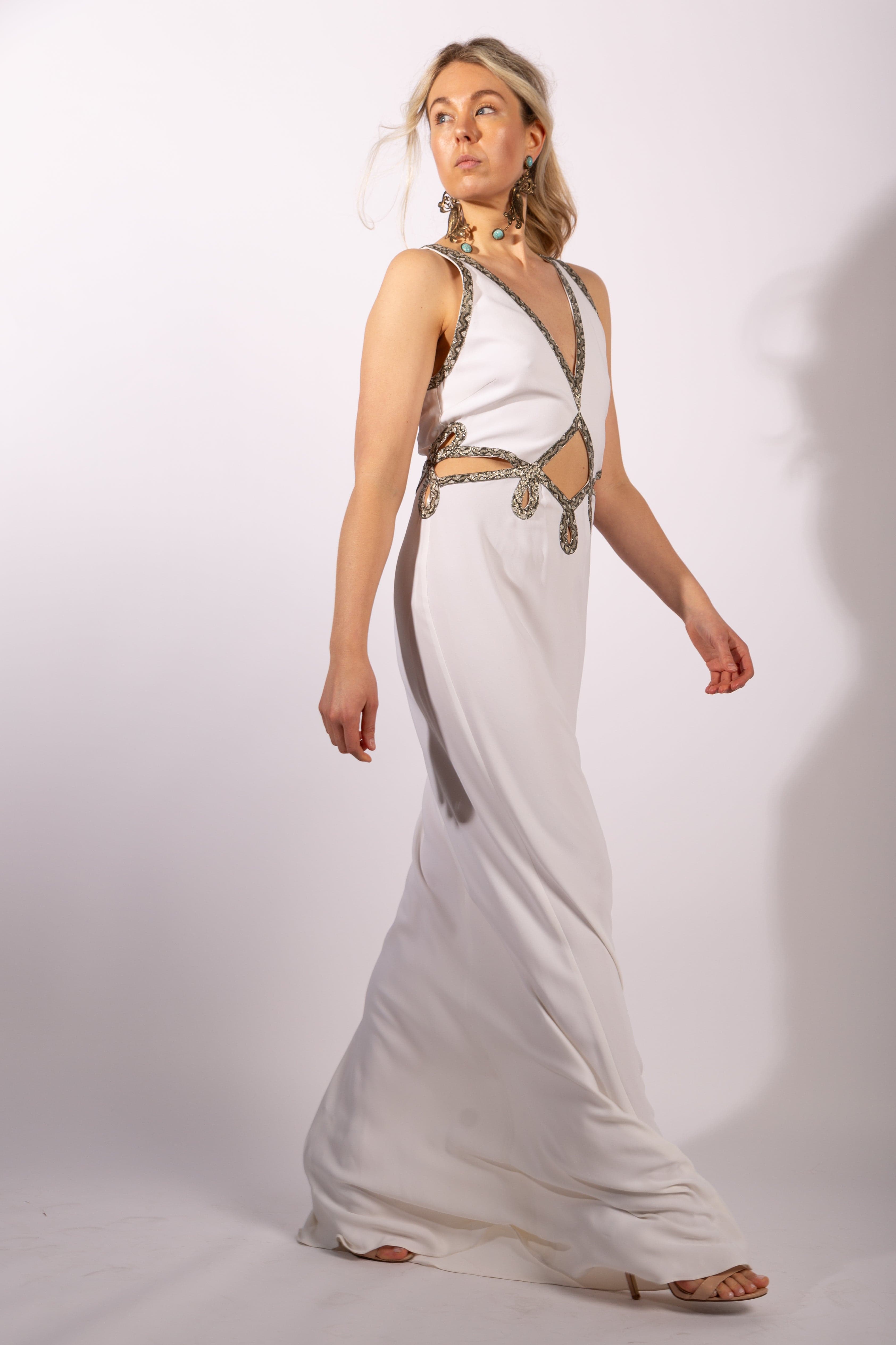 Roberto Cavalli White Cady Gown with Cutouts and Beaded Snake Skin Pattern Embellishment Size IT46 - Thumbnail 2