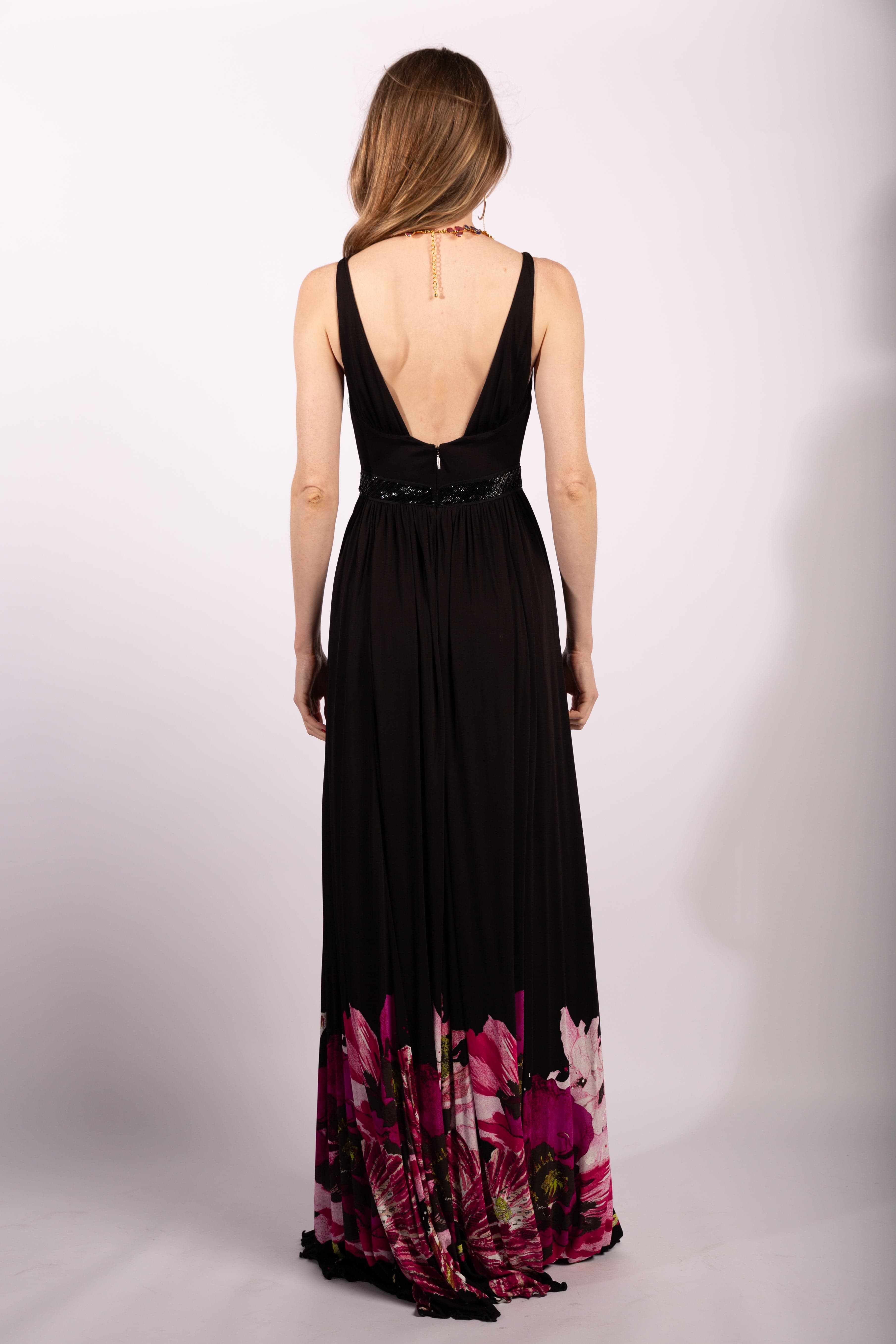Roberto Cavalli Black Floral Printed and Embellished Waist Maxi Dress Size IT38 - Thumbnail 3