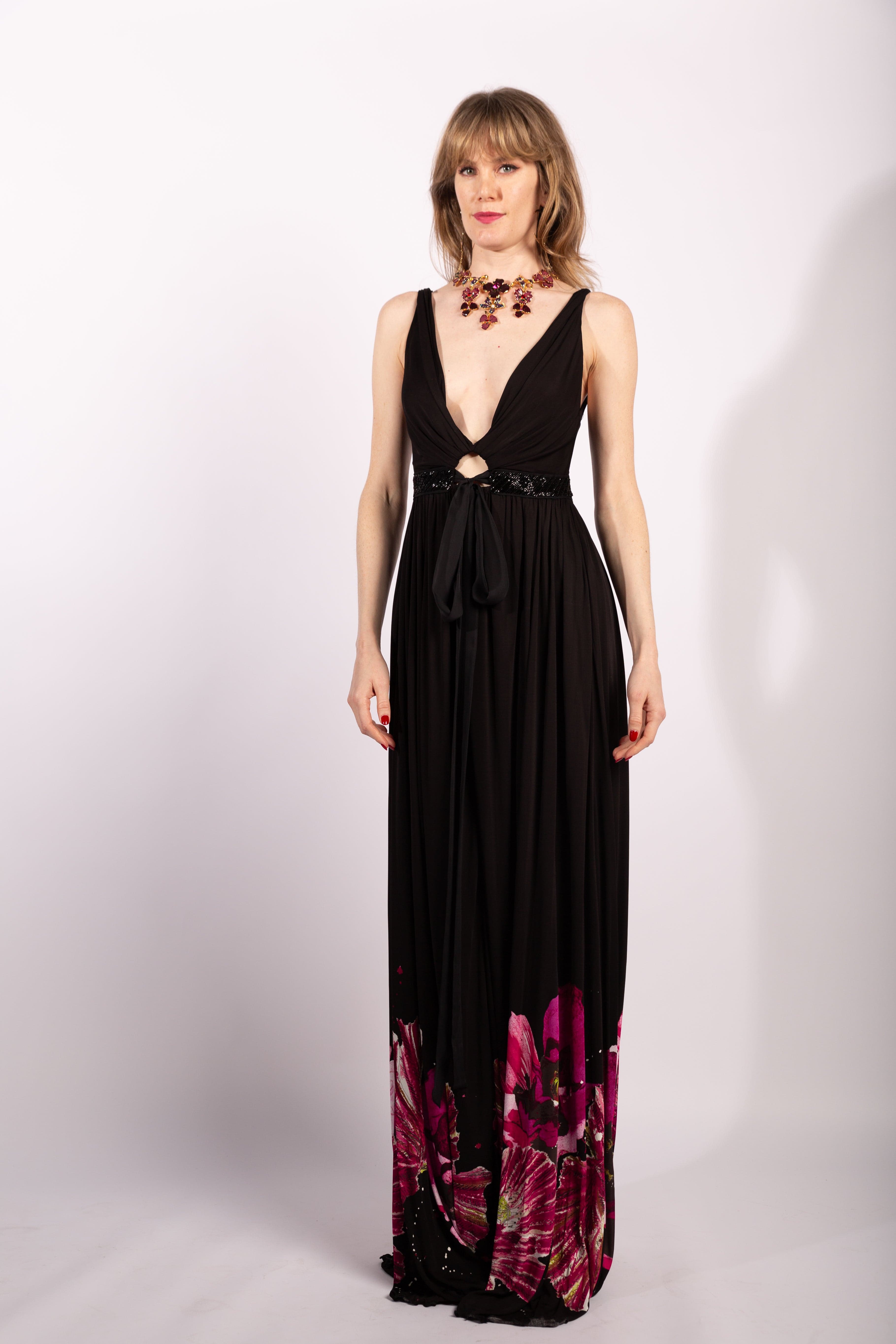 Roberto Cavalli Black Floral Printed and Embellished Waist Maxi Dress Size IT38 - Thumbnail 4