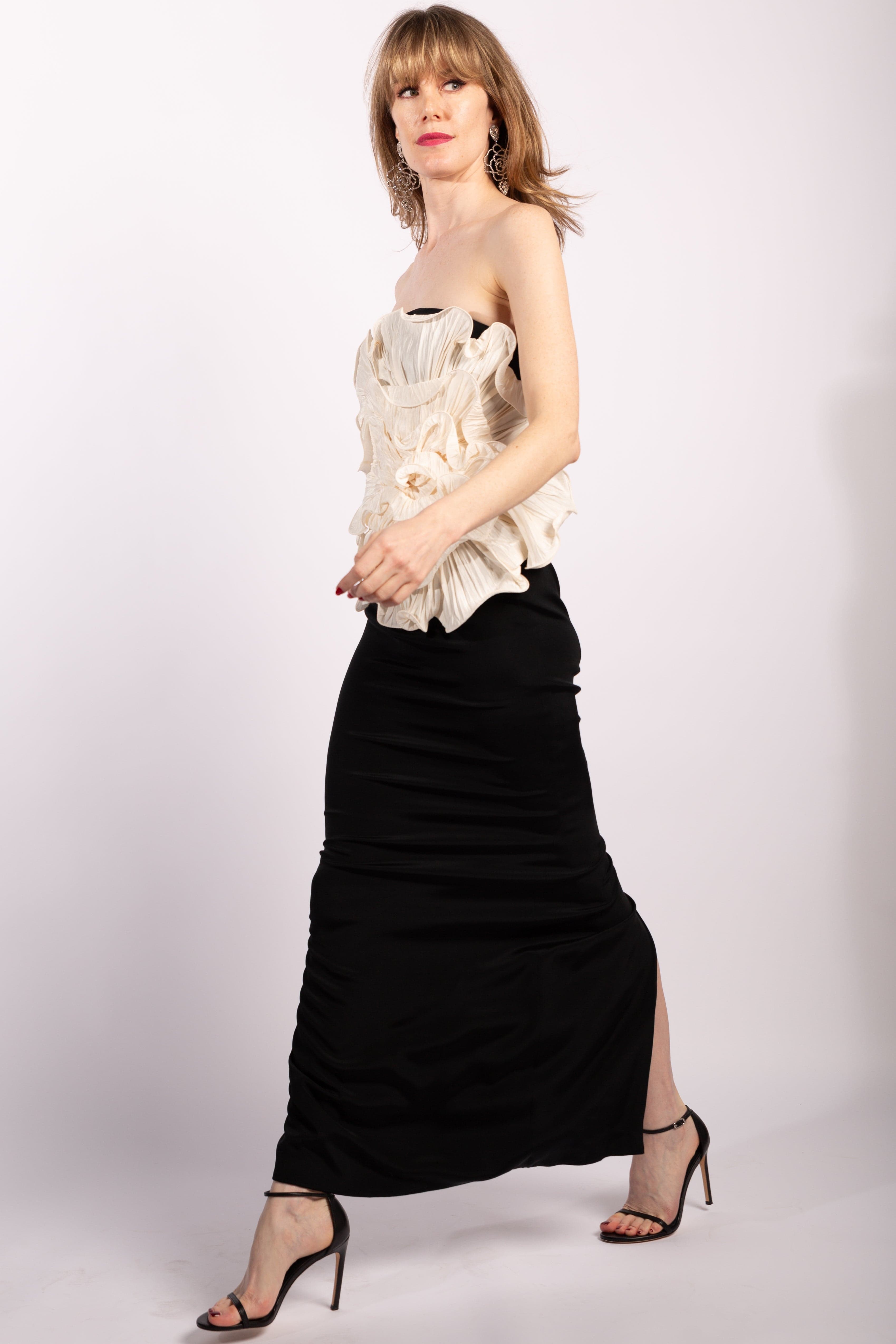 Marchesa Notte Black Column Gown with Floral Accent, Size US0 - Thumbnail 3