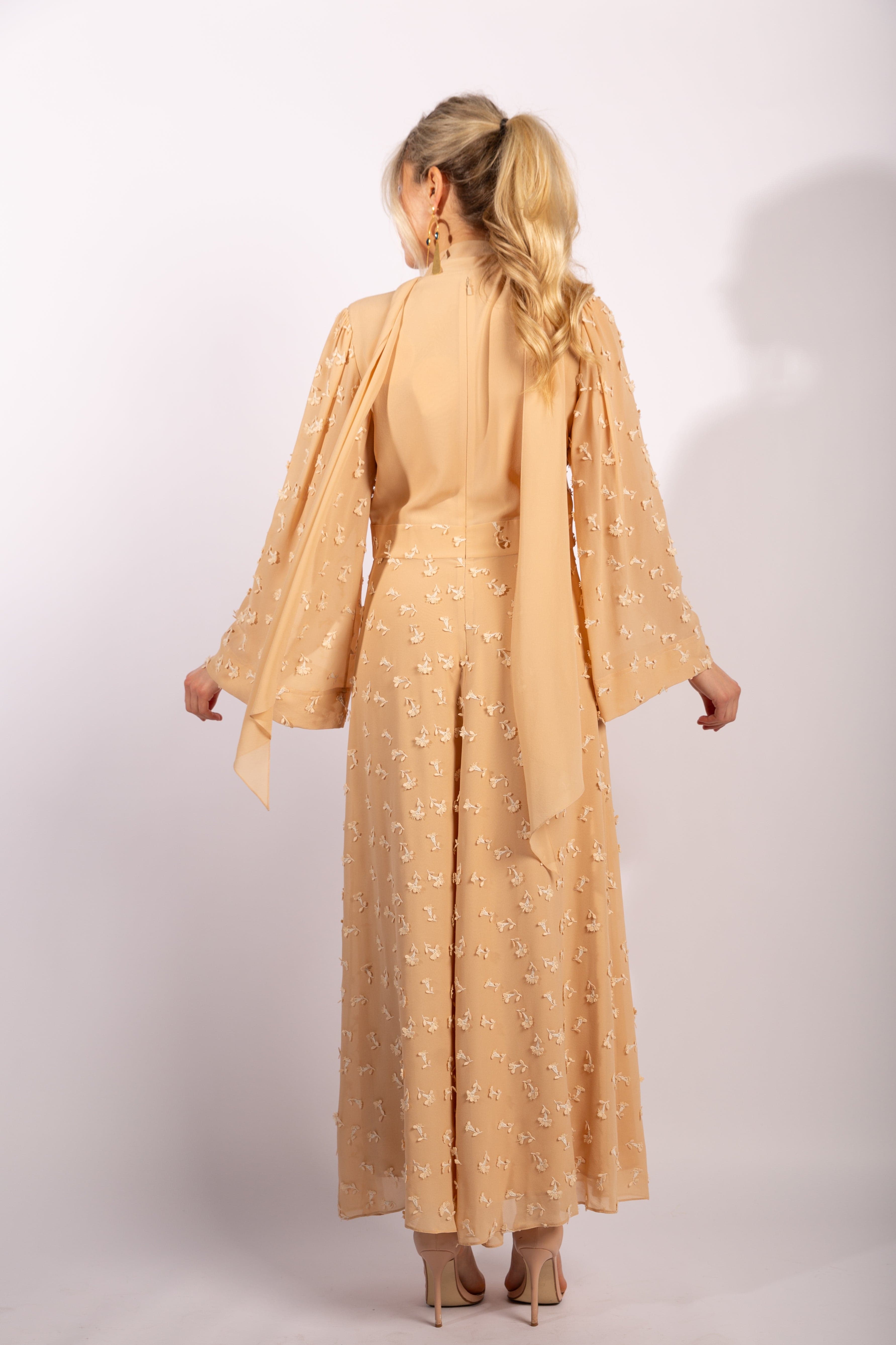 Chloé Floral Appliqué Light Sand Silk Dress, Size FR40 - Thumbnail 3