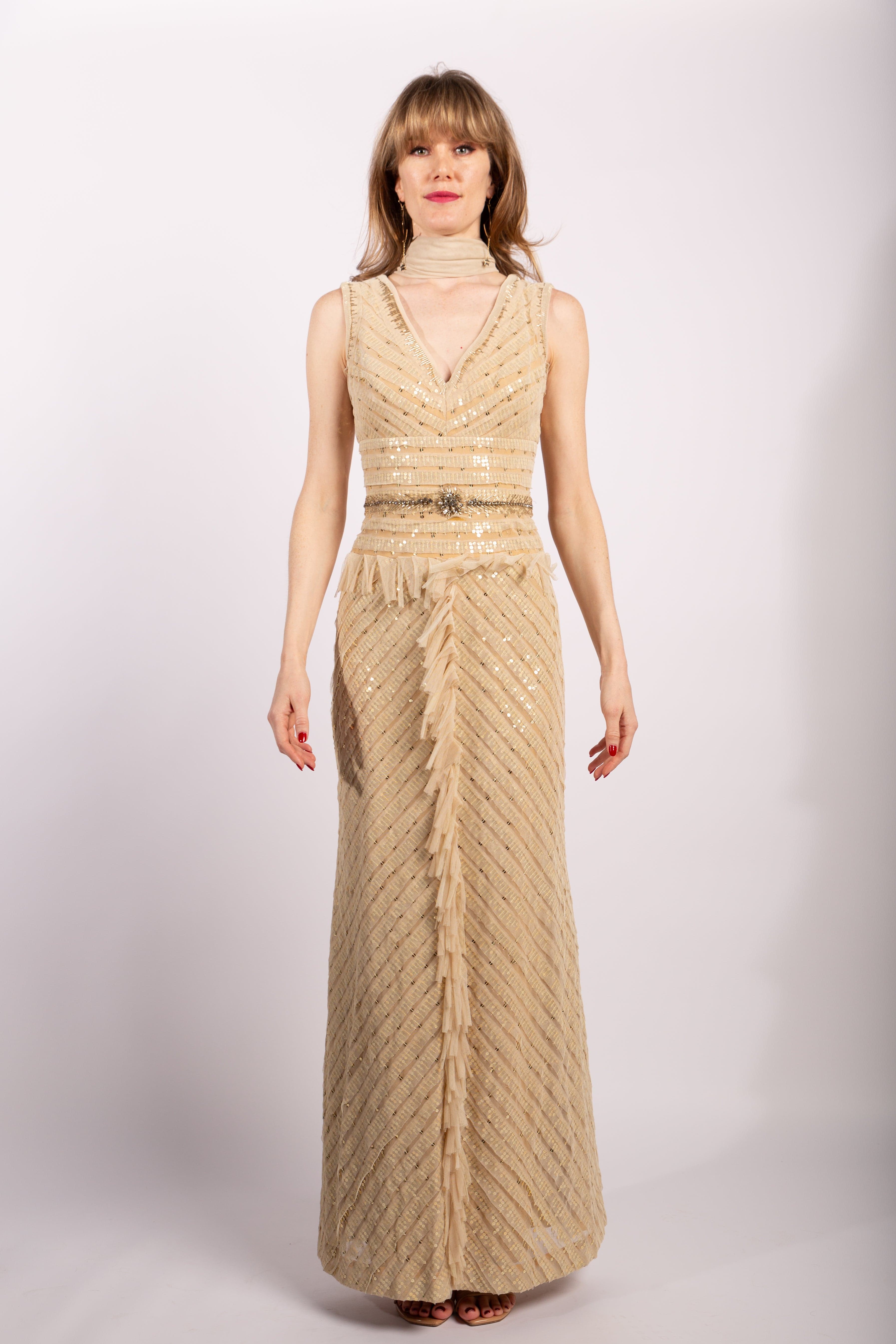 Carolina Herrera Tulle Beaded Ruffle Gown, Size US 8