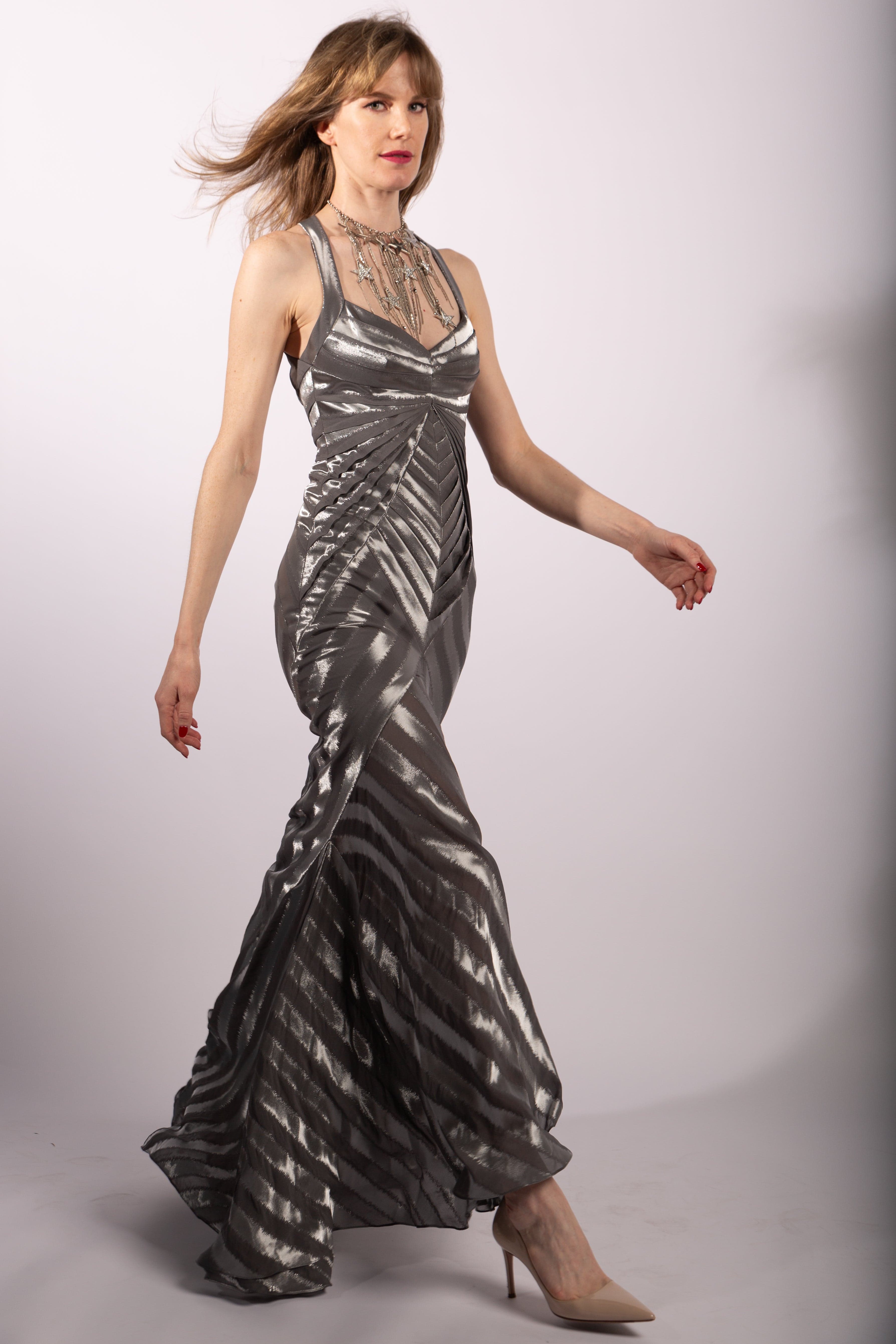 Zac Posen Mermaid Gown in Silver/Gray Silk Viscose, Size IT38 - Thumbnail 3
