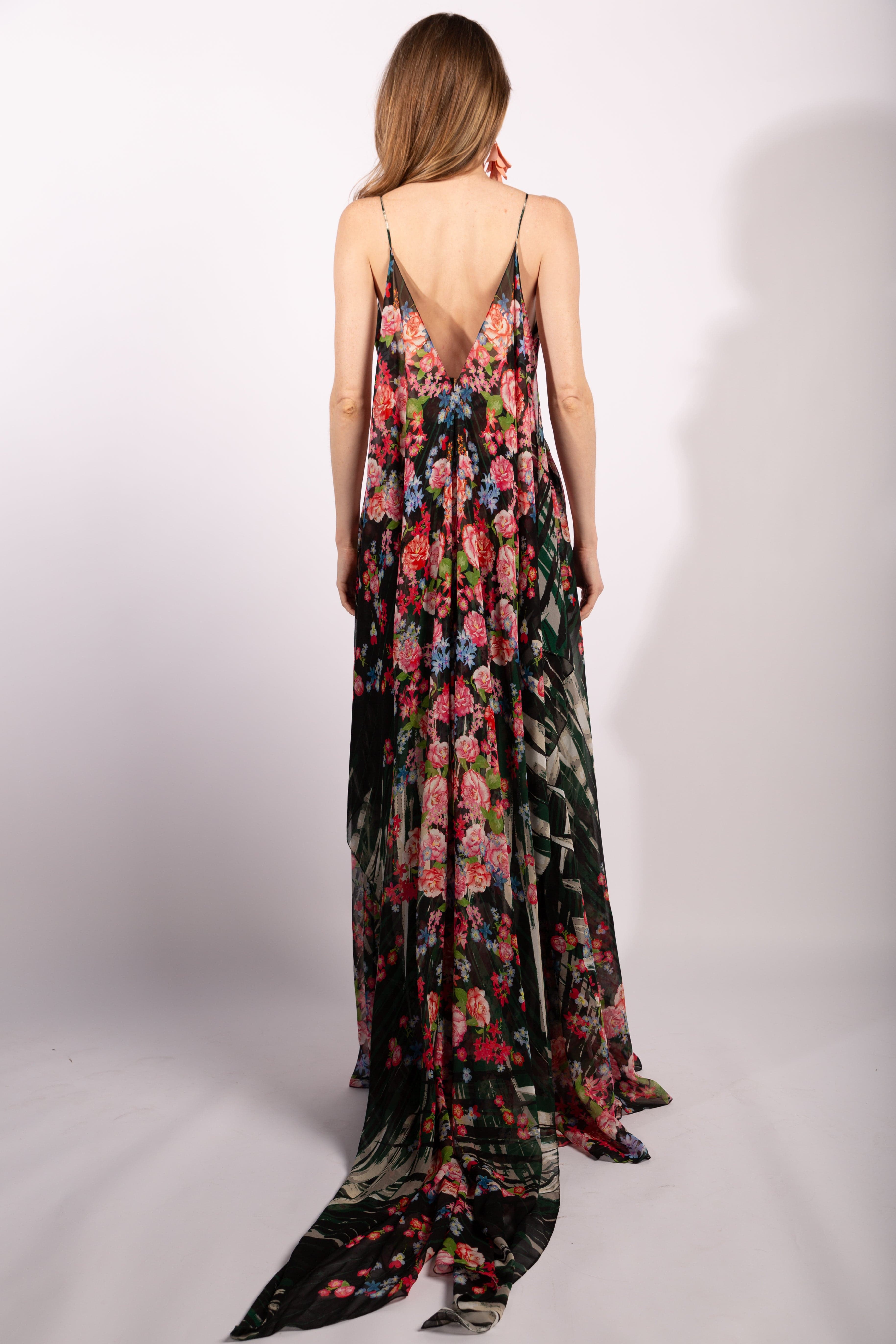 Ellie Saab Flower Palm Print Silk 2016 Gown With Cape Effect, Size FR38 - Thumbnail 3