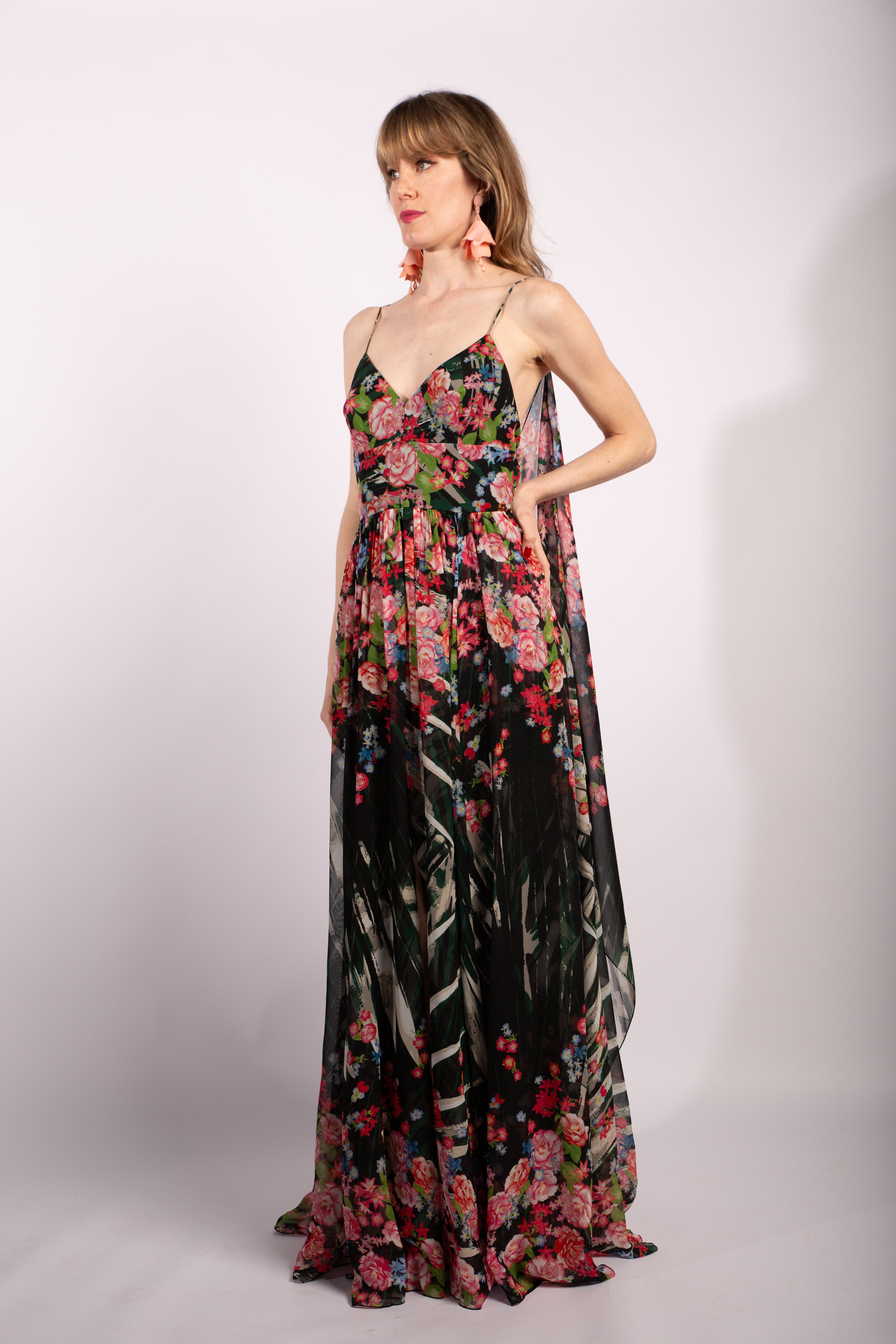 Ellie Saab Flower Palm Print Silk 2016 Gown With Cape Effect, Size FR38 - Thumbnail 2