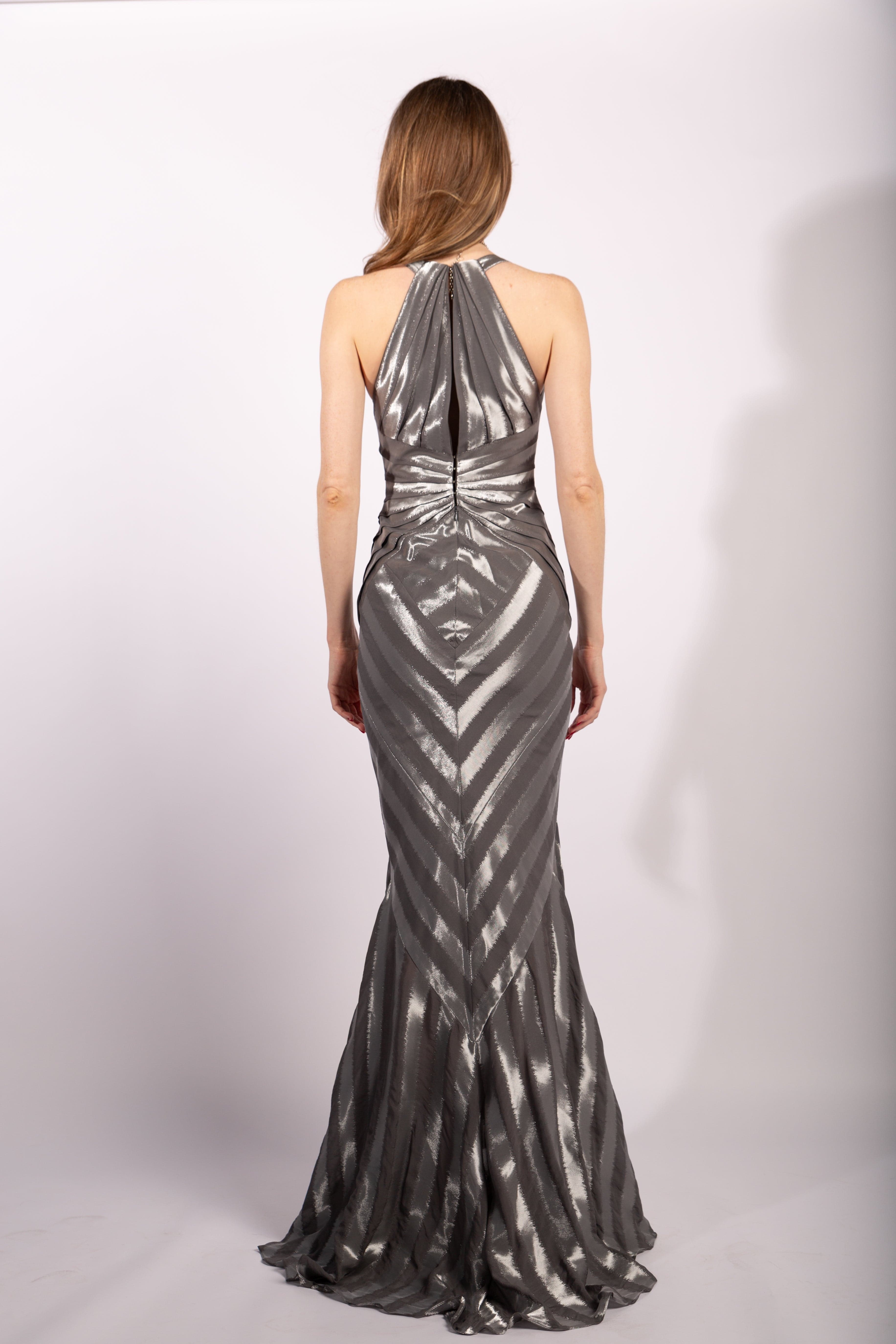 Zac Posen Mermaid Gown in Silver/Gray Silk Viscose, Size IT38 - Thumbnail 4