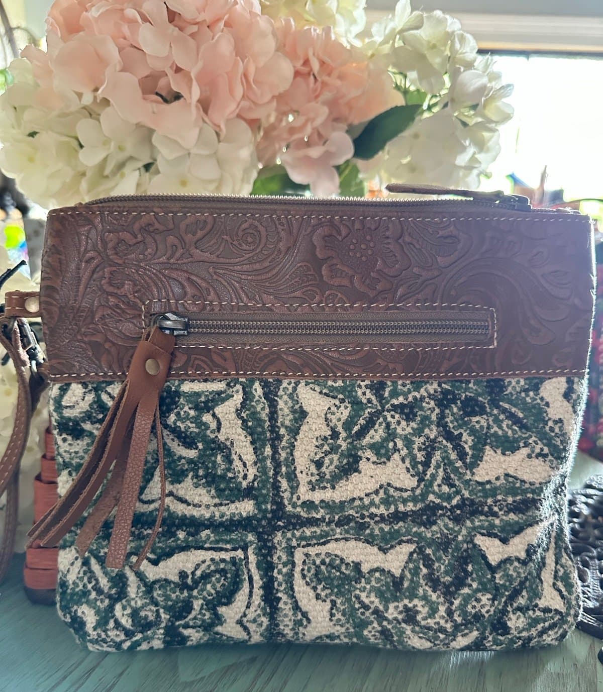 Leather and canvas Myra large wristlet