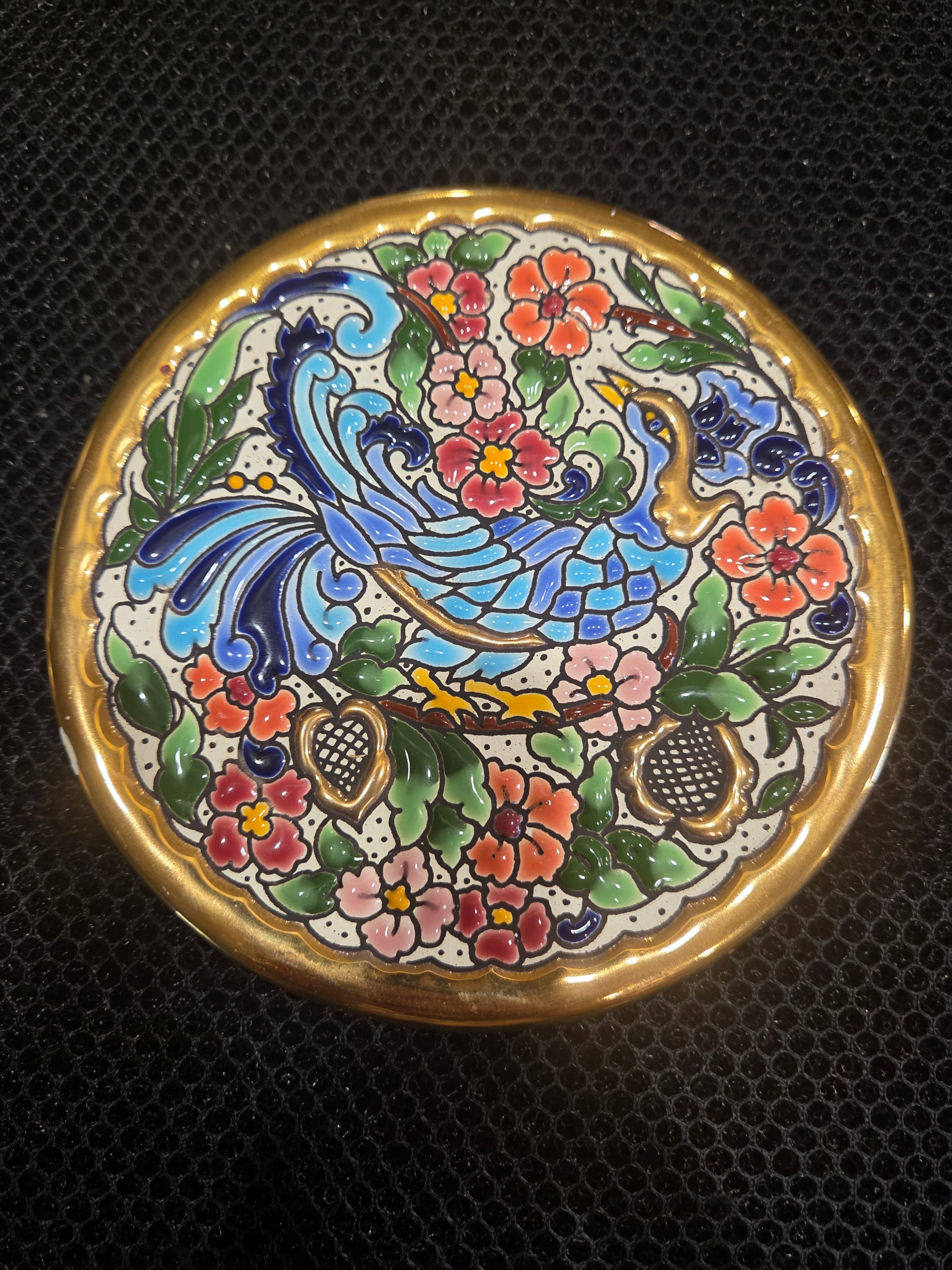 Artecer Sevilla Spanish Cuerda Seca 24K Gold Peacock Wall Plate