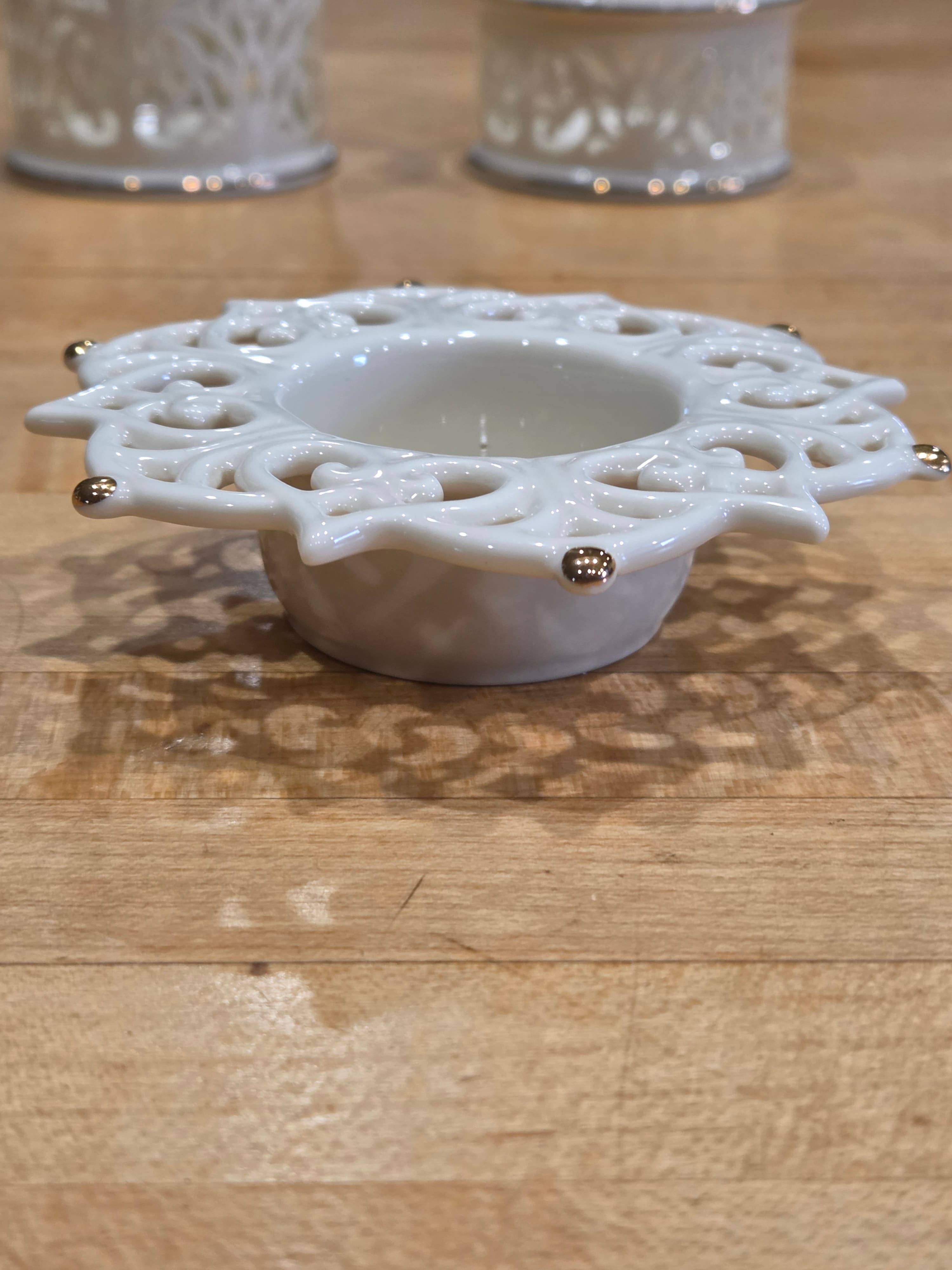 Lenox Ivory Porcelain Pierced Lattice Votive Candle Holder Vanity Set - Thumbnail 3