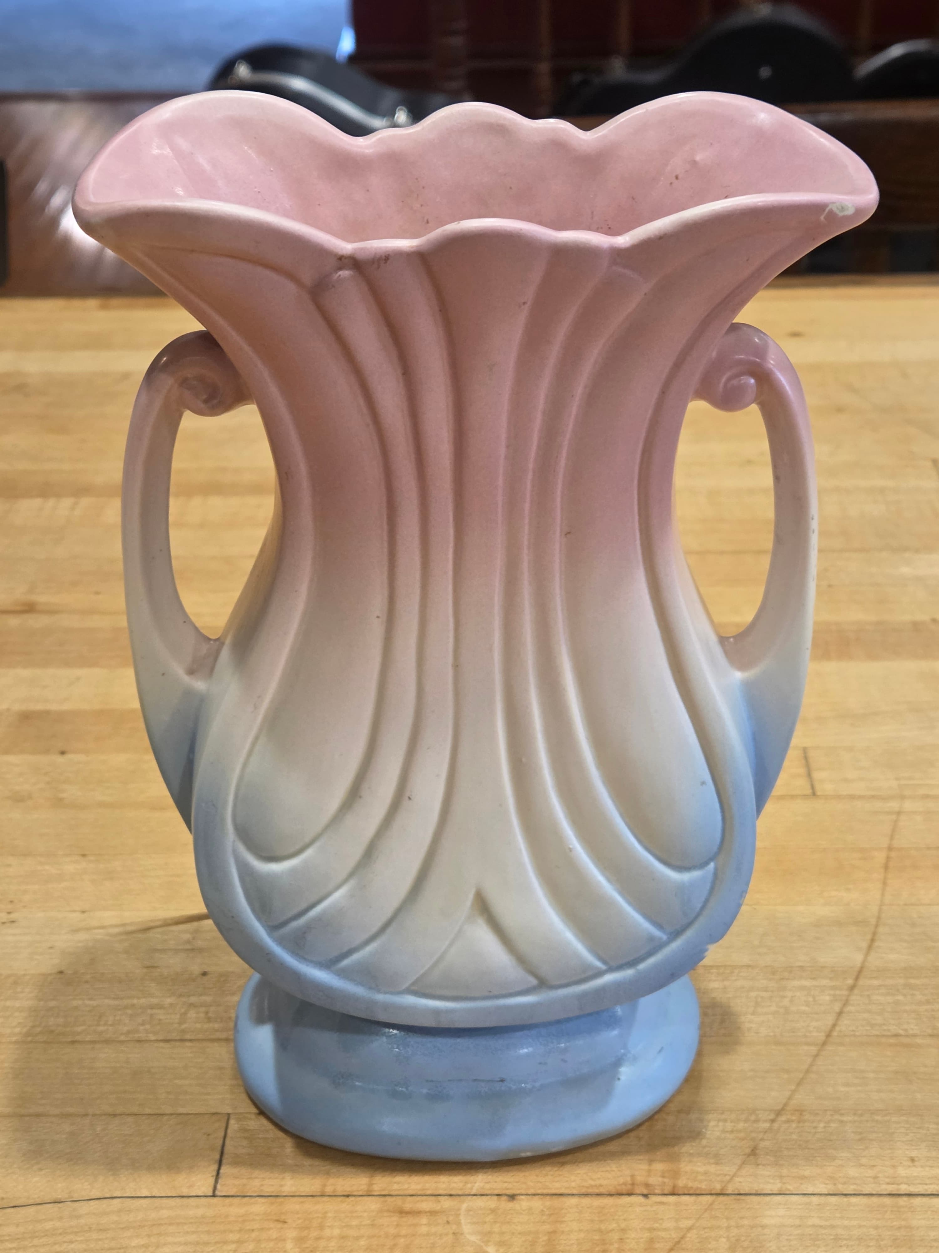 Vintage Hull Pottery Mardi Gras Granada 48-9 Double Handled Vase Pink Blue As Is
