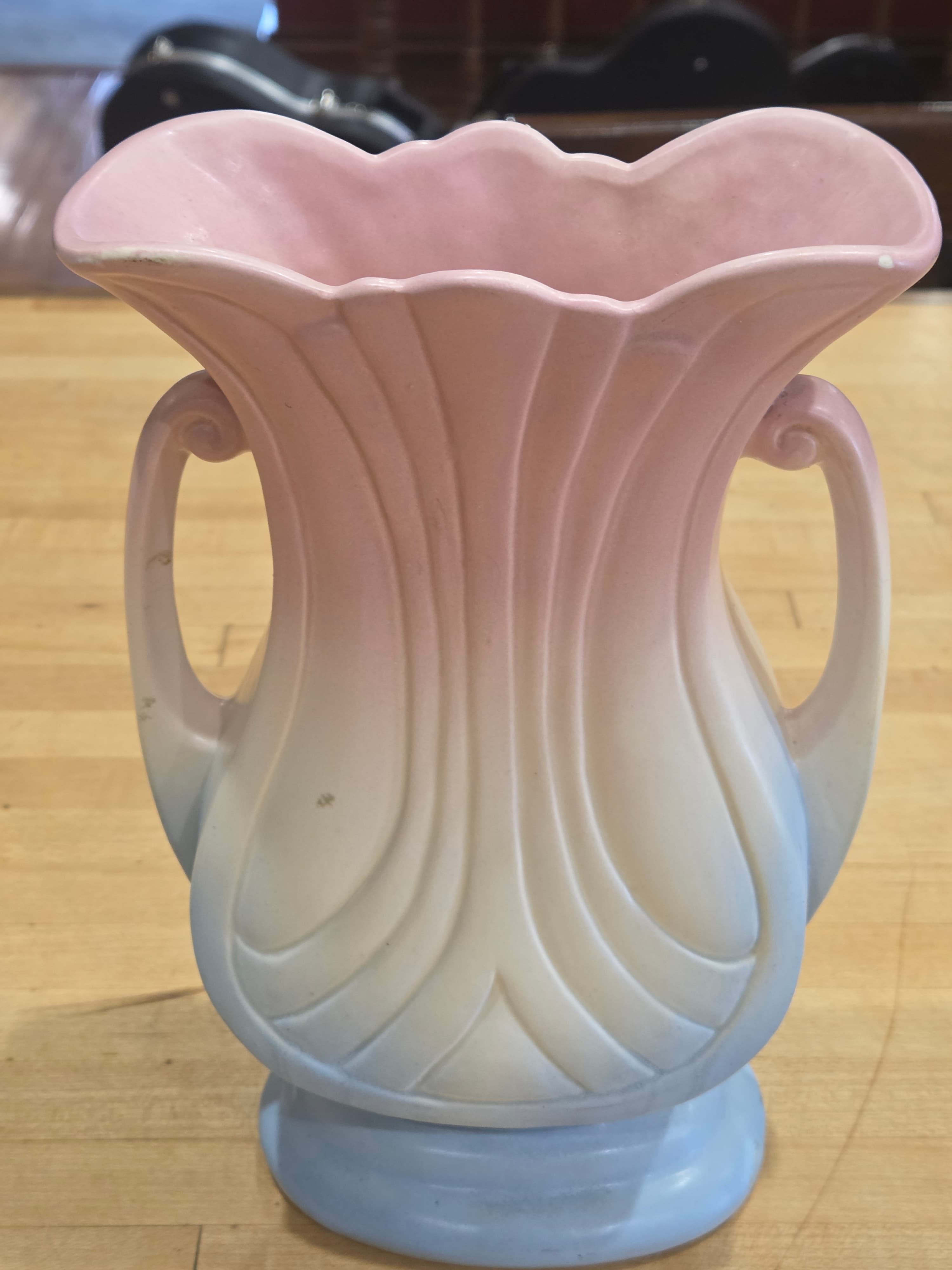 Vintage Hull Pottery Mardi Gras Granada 48-9 Double Handled Vase Pink Blue As Is - Thumbnail 2