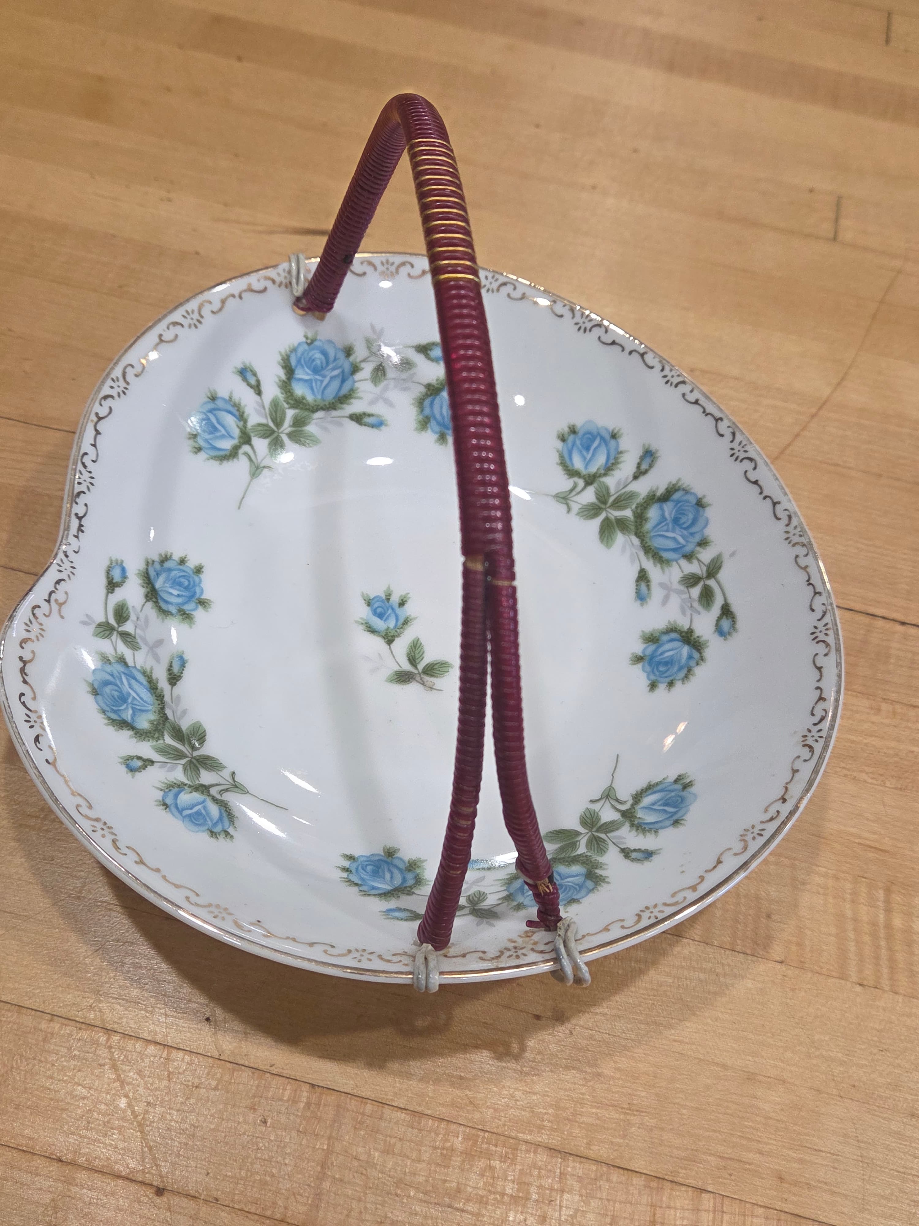 Vintage Porcelain Bon Bon Dish Wicker Handle Blue Roses Gilt Rim As Is