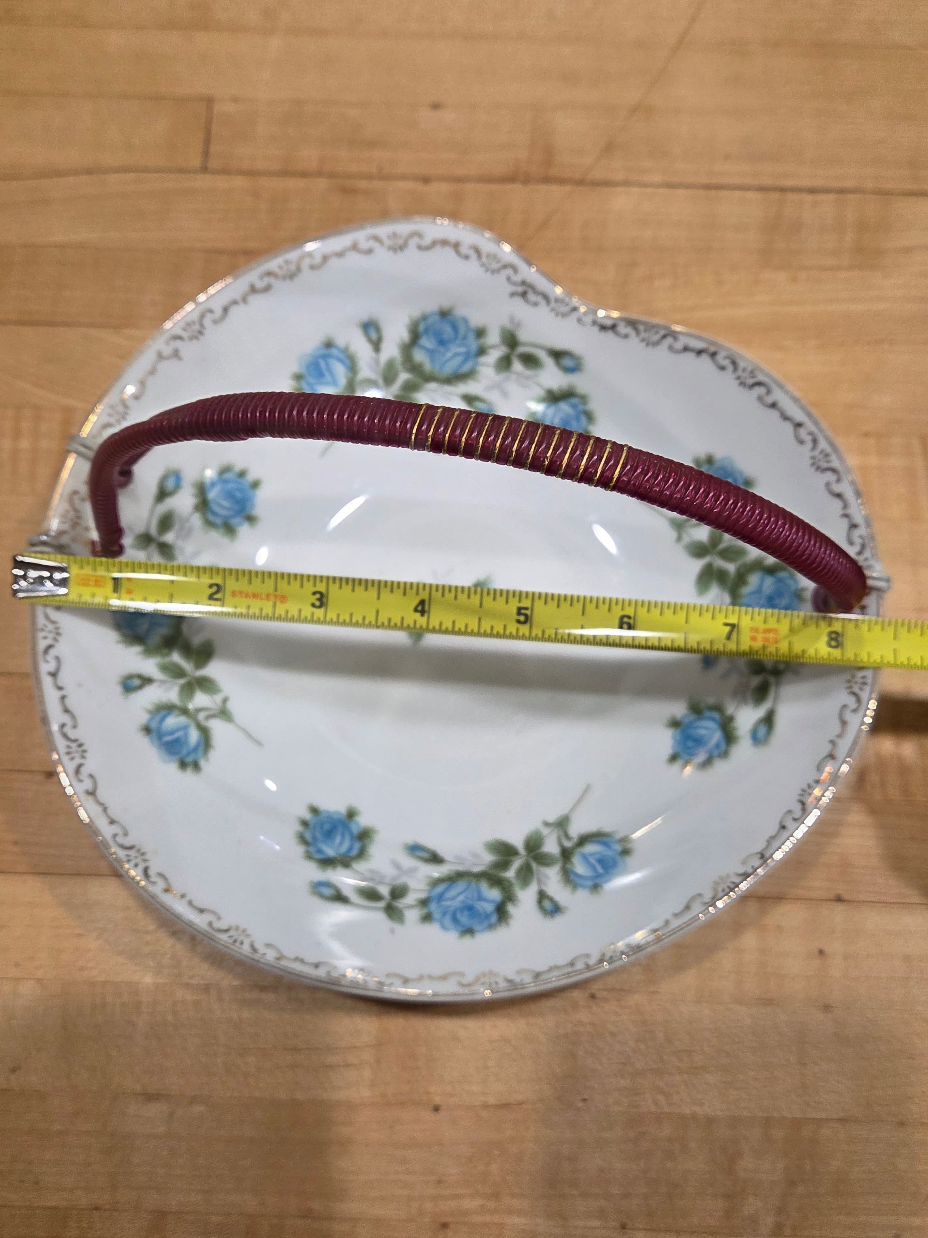 Vintage Porcelain Bon Bon Dish Wicker Handle Blue Roses Gilt Rim As Is - Thumbnail 5