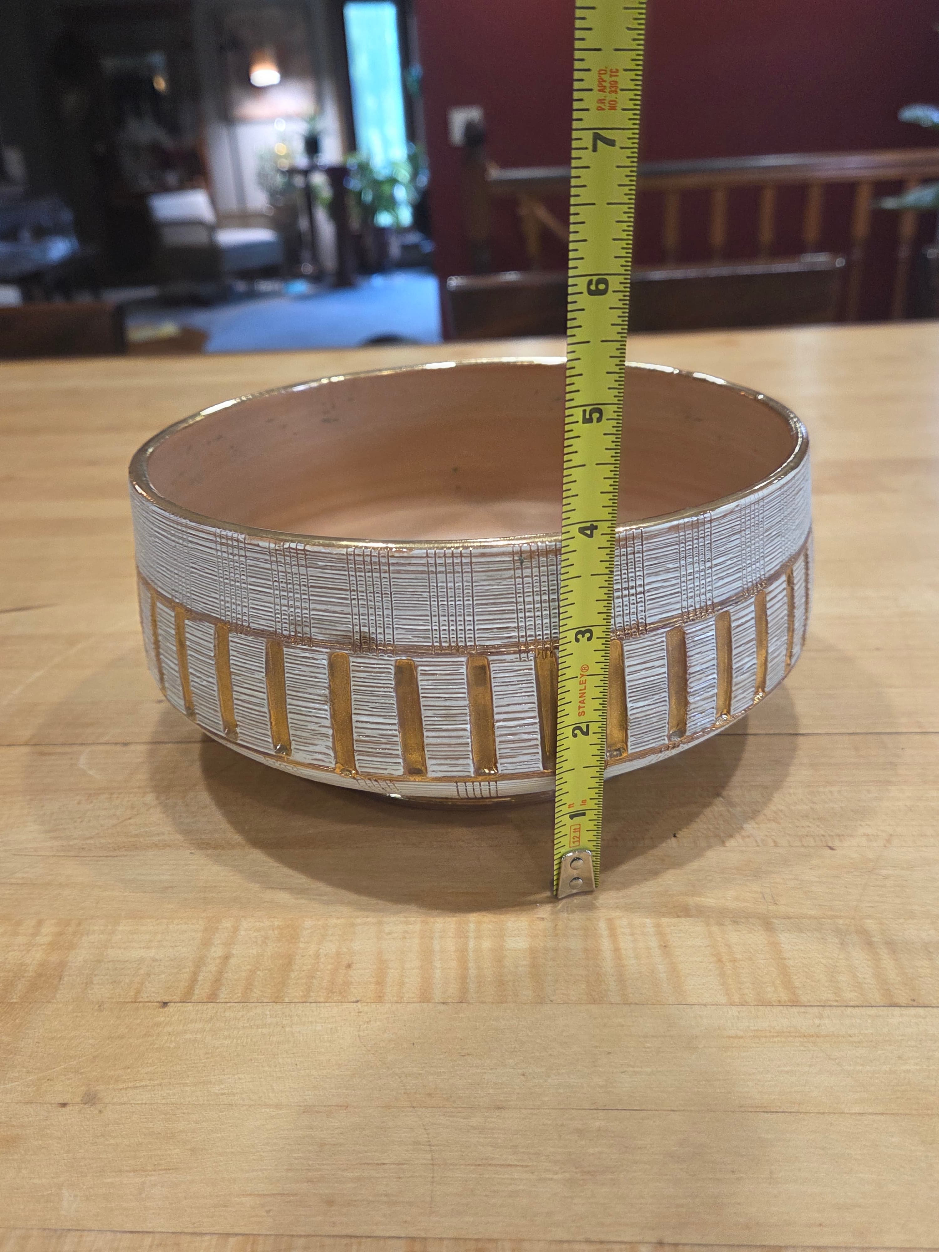 Vintage Italian Art Pottery Seta Sgraffito White Gold Luster Bowl MCM 3882 Italy - Thumbnail 6