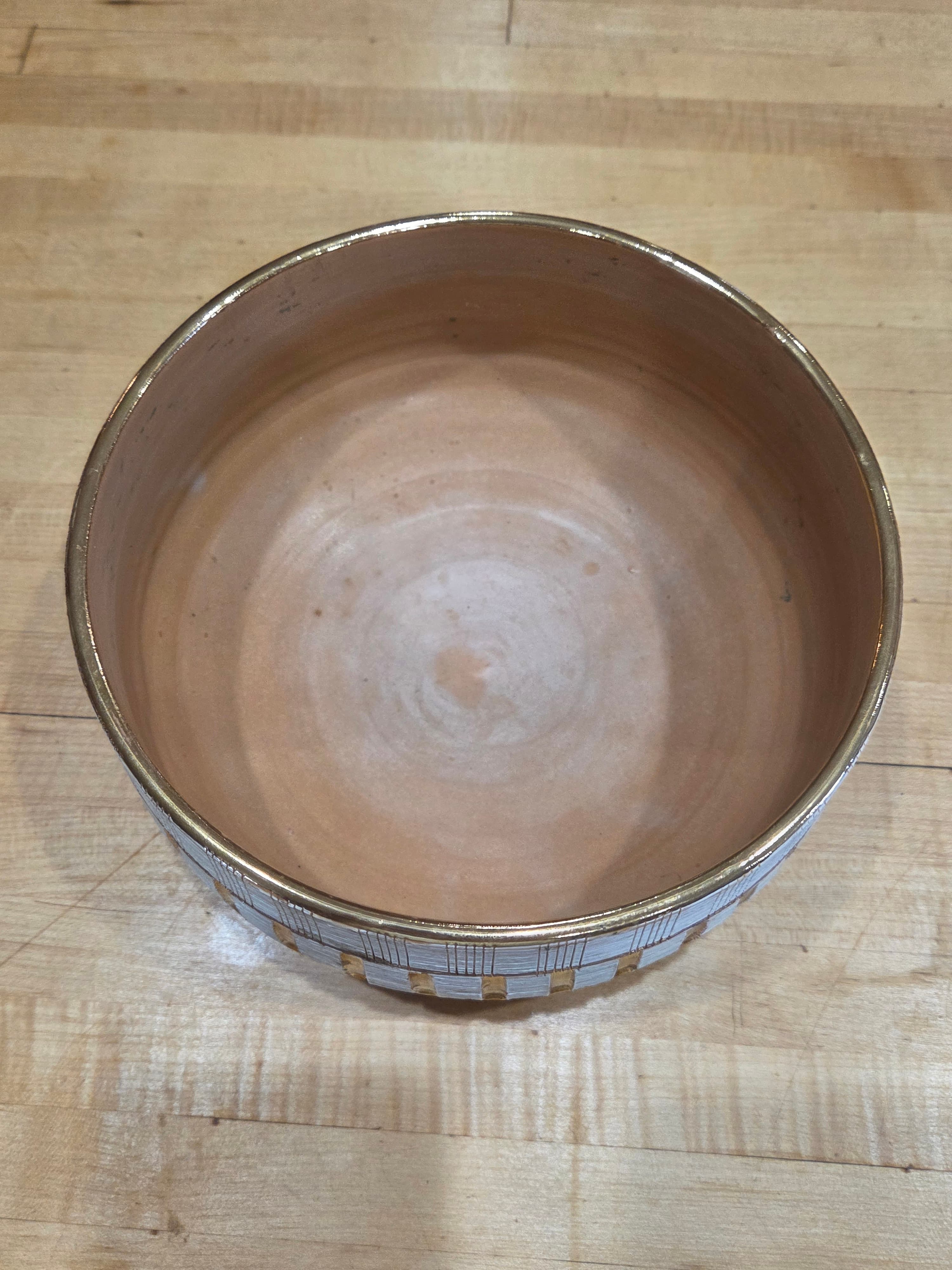 Vintage Italian Art Pottery Seta Sgraffito White Gold Luster Bowl MCM 3882 Italy - Thumbnail 2