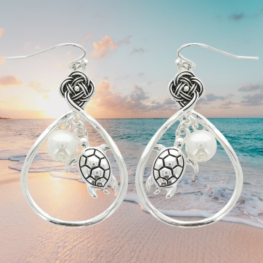 Silvertone Turtle & Faux Pearl Earrings - Thumbnail 2