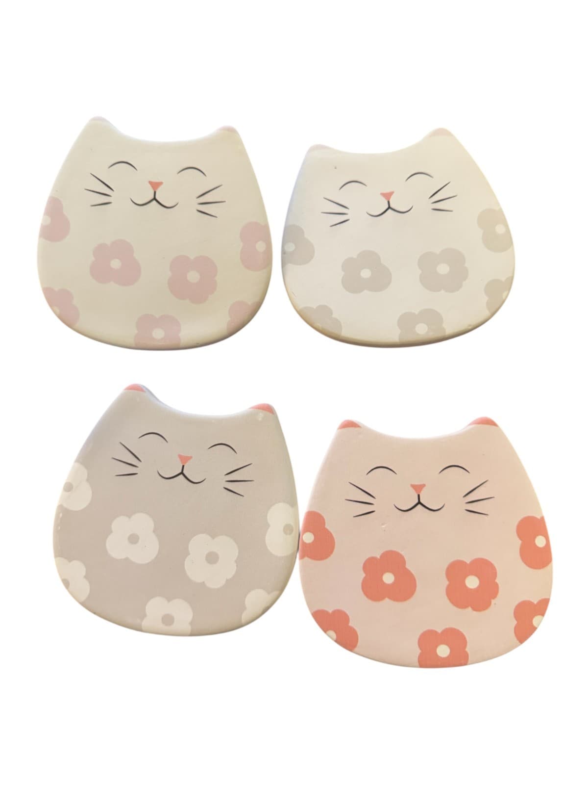 4 Fat Happy Cats Ceramic Stone Cork Back Drink Coasters