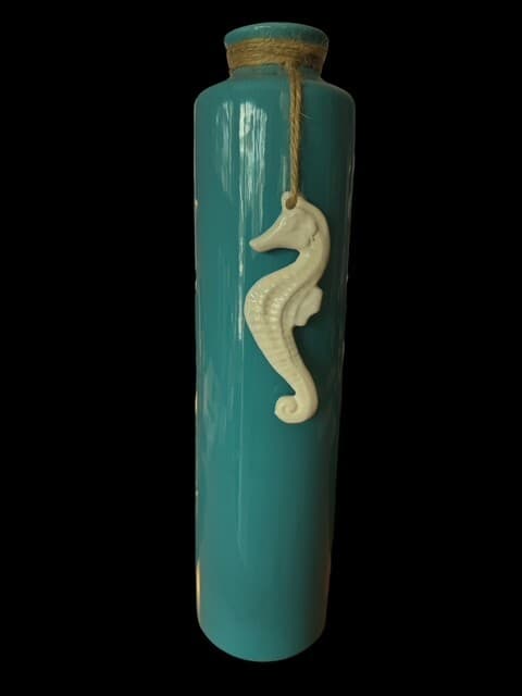 Ocean Blue Turquoise Minimalist Vase with Seahorse 13.25" Tall