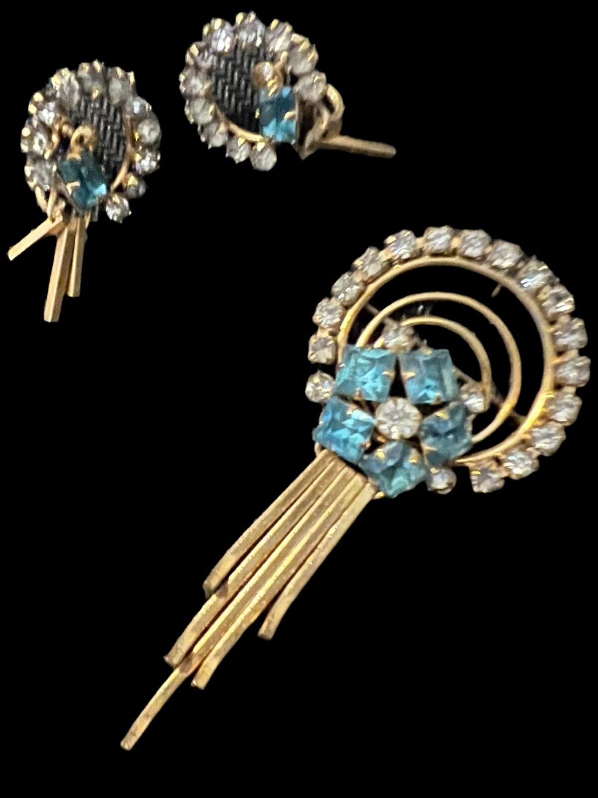 Vintage 1/20 12K Gold Filled Rhinestone and Blue Topaz Pin & Screw Back Earrings - Thumbnail 4