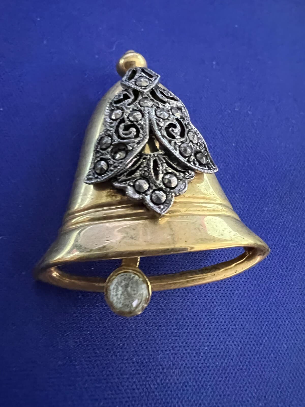 Vintage Goldtone Christmas Bell Pin w/ Silvertone Deco - Thumbnail 2