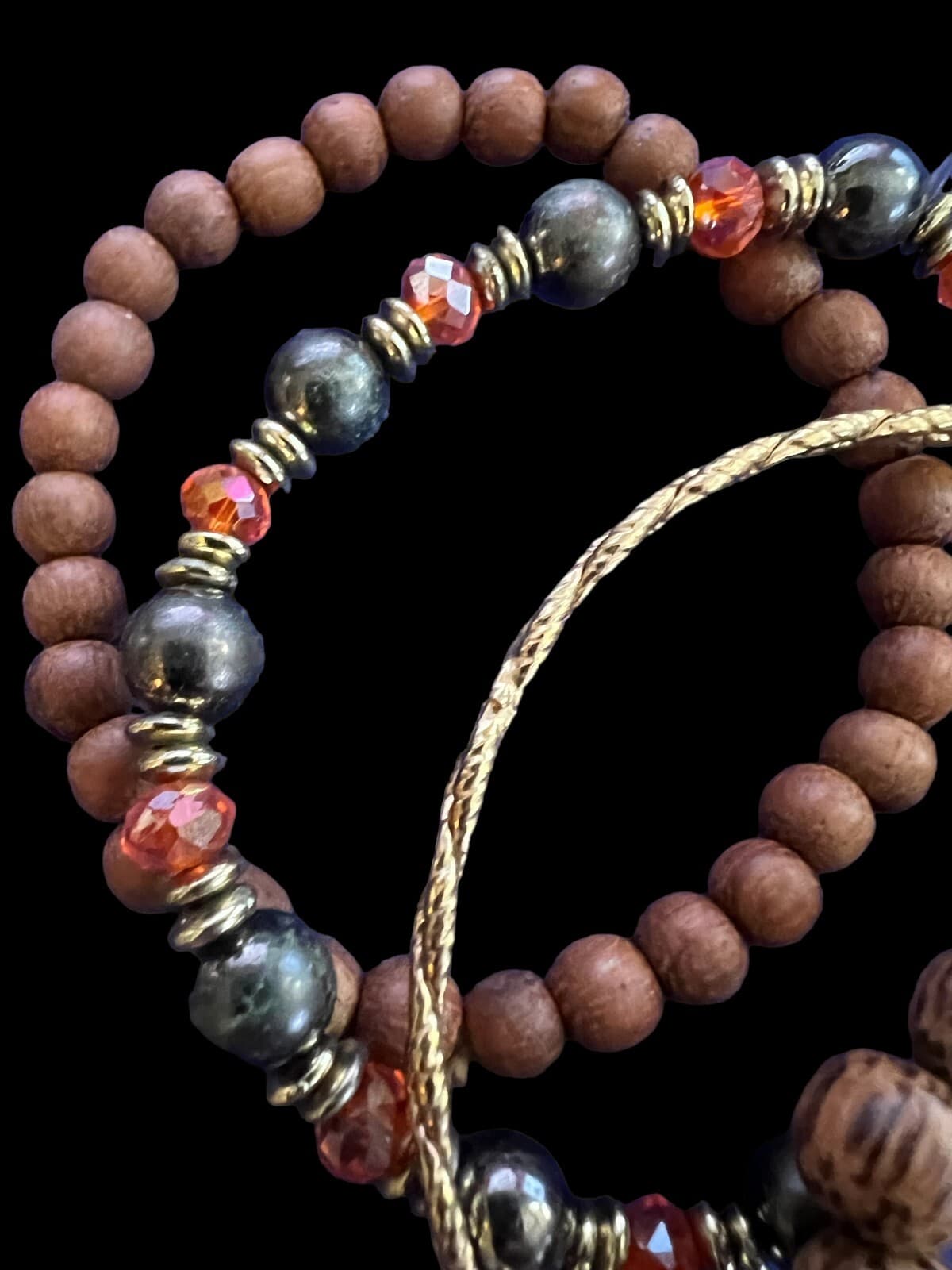 4 Stretch Bracelets Browns, Beads & Goldtone - Thumbnail 5