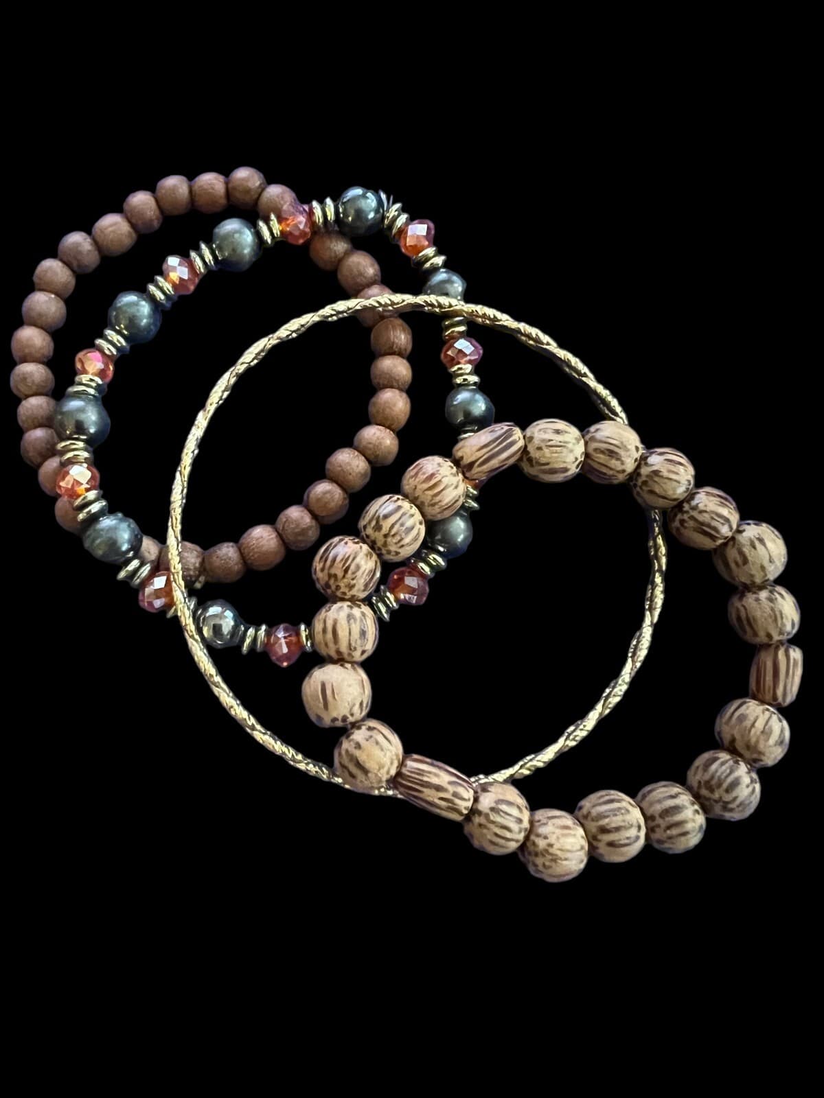 4 Stretch Bracelets Browns, Beads & Goldtone - Thumbnail 2