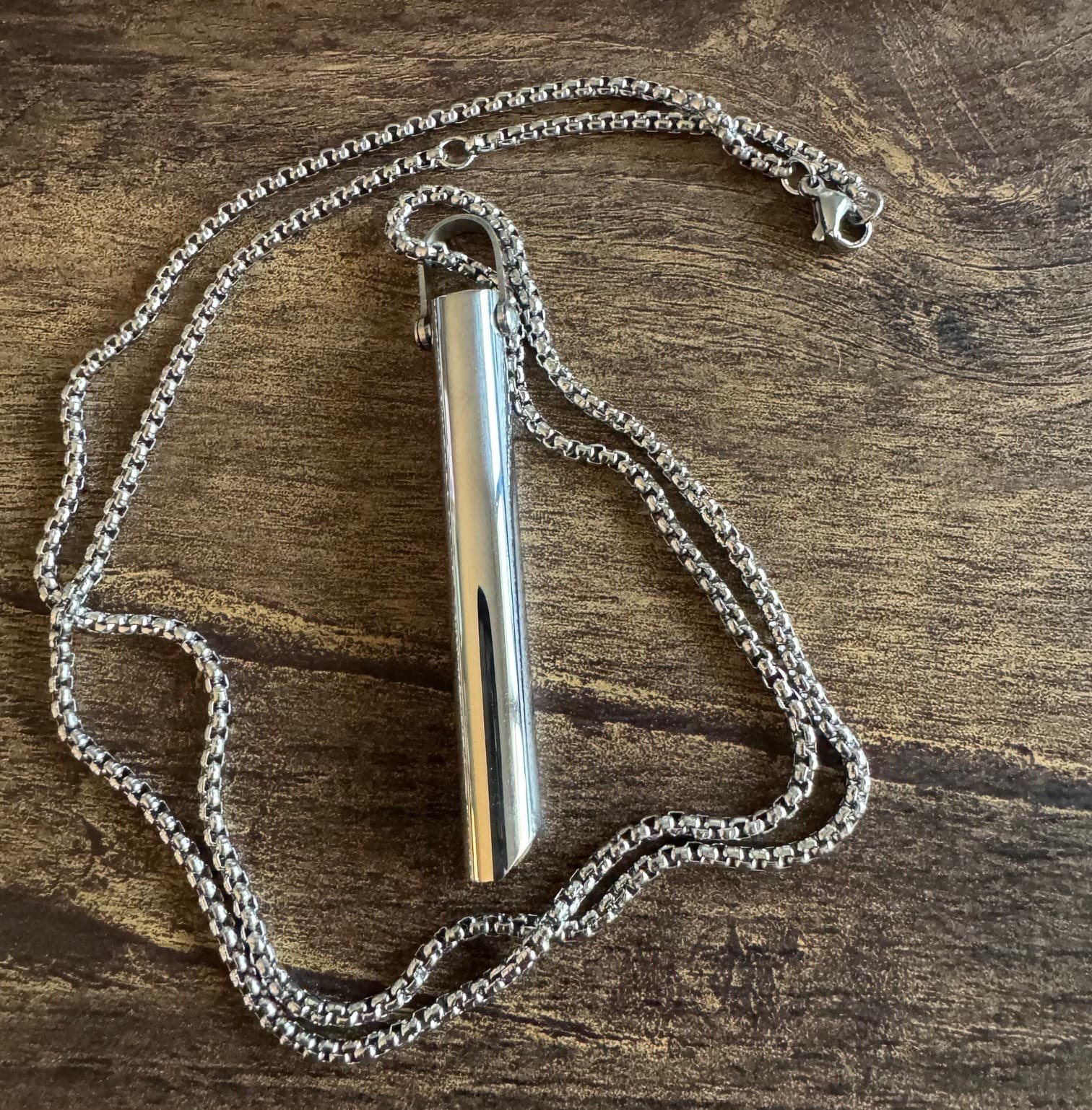 Horizontal Tube Necklace w/Chain Silvertone Relieve STRESS! - Thumbnail 2