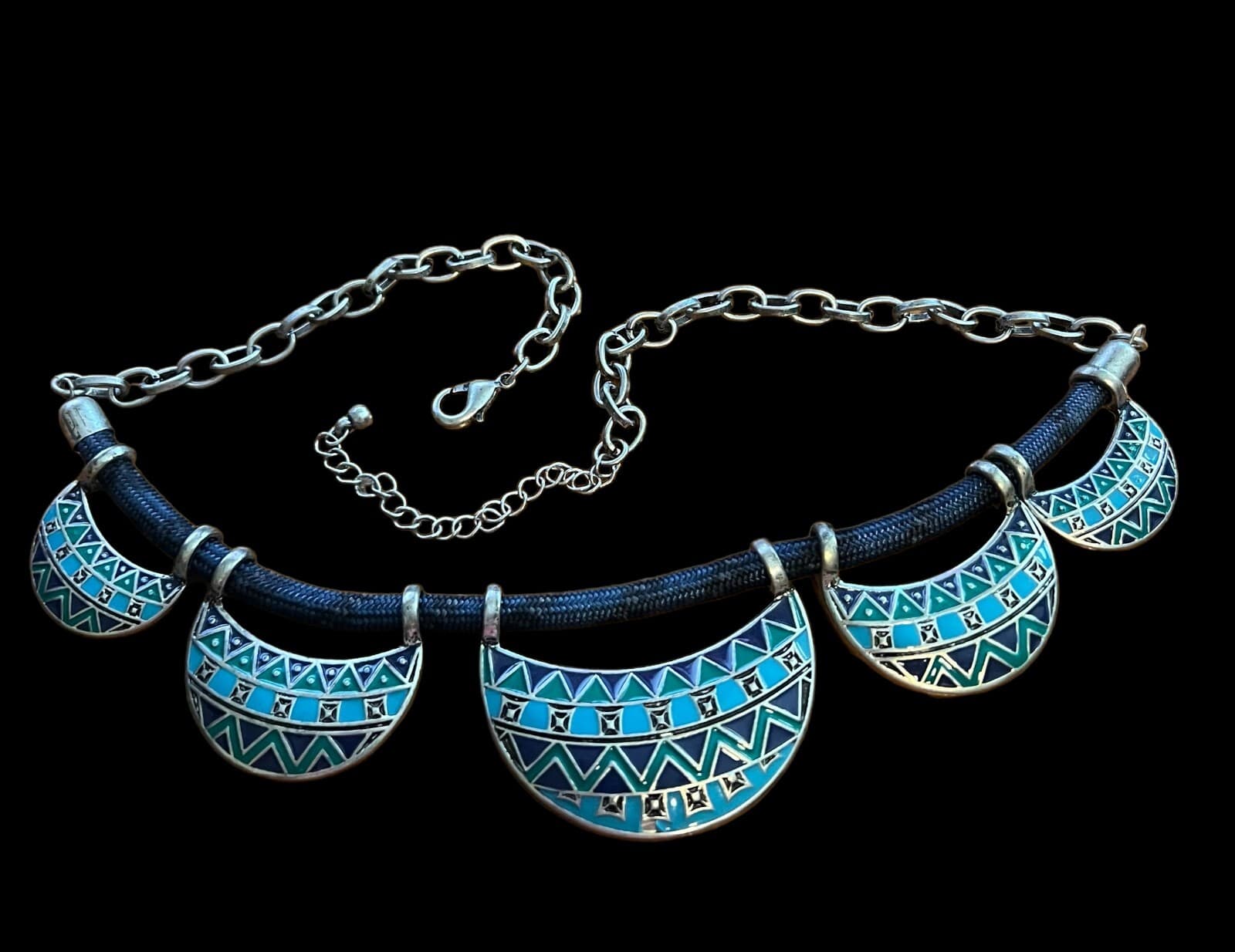 Bohemian South Western Style Fashion Jewelry Necklace Turquoise Color Black Cord - Thumbnail 2