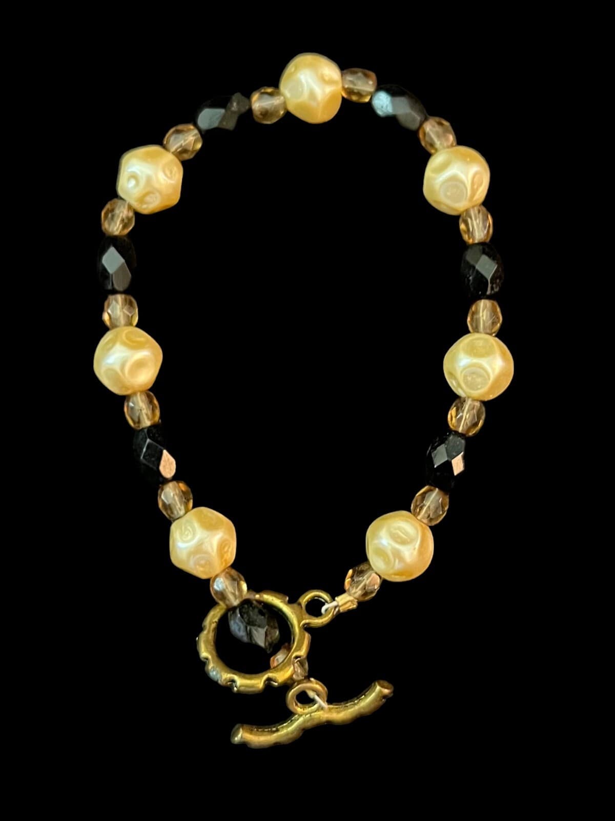 Vintage Champagne Color Fresh Water Pearl & Glass Bead Goldtone Bracelet 7" - Thumbnail 2