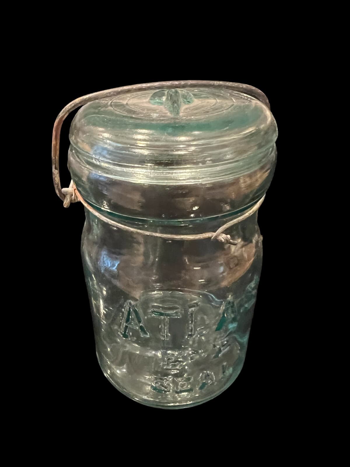 Vintage Atlas E-Z Seal 1 Pint Canning Jar with Wire Bail Lid Marked Kitchen Tool - Thumbnail 4