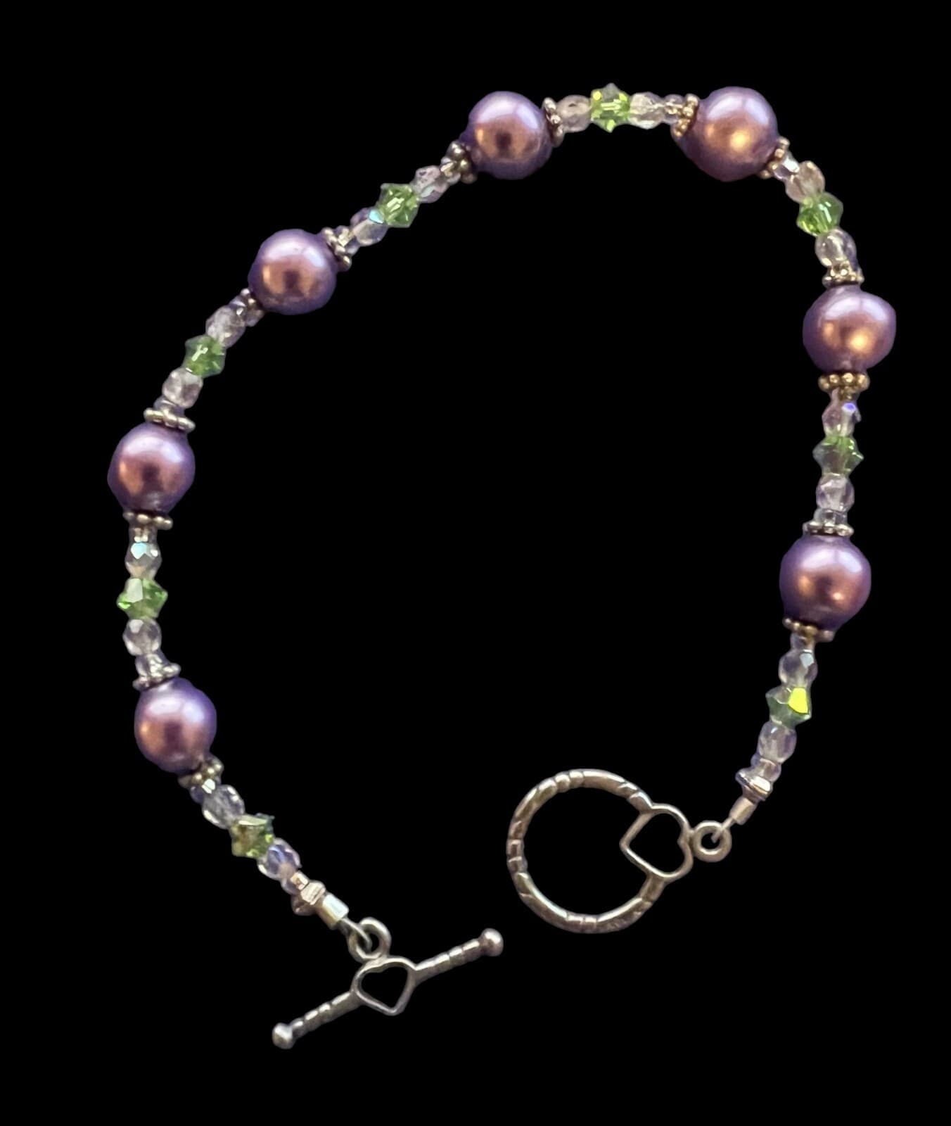 Vintage Lavender Faux Pearl & Crystal Lime Green & Clear Crystal Bracelet 7" - Thumbnail 2