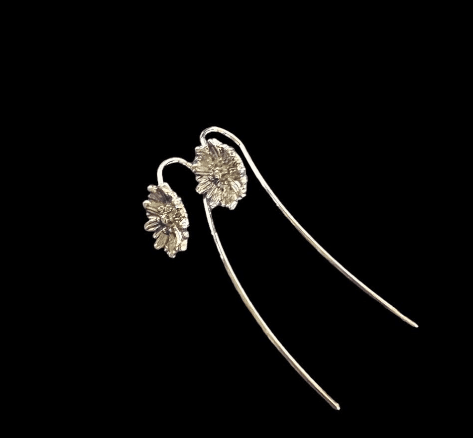 Vintage Style Silvertone Women's Chrysanthemum Earrings Handmade Flower Fashion - Thumbnail 2